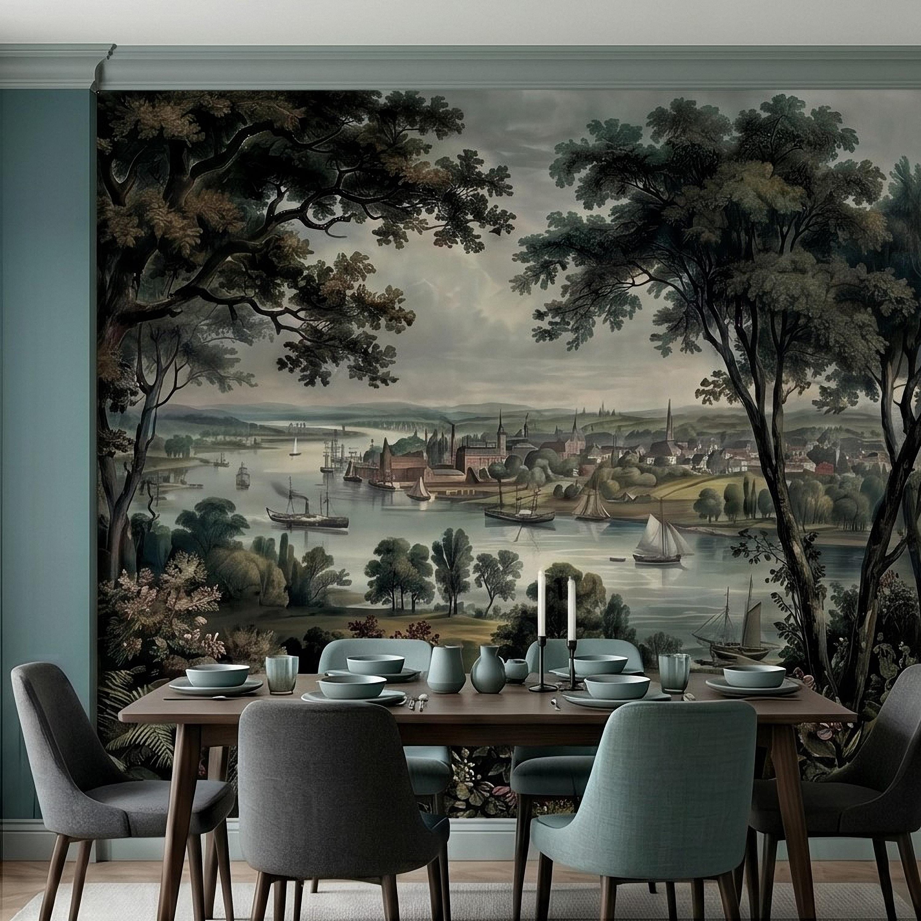 Vintage Riverside Town Peel and Stick Wall Mural, Historic Harbor View, Sailing Ships and Woodland Landscape Scenic Wallpaper