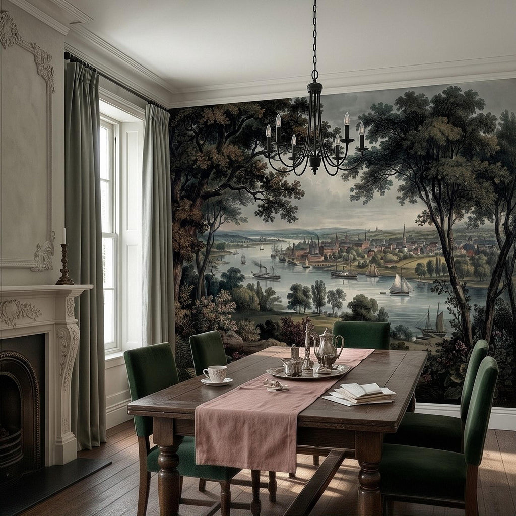 Vintage Riverside Town Peel and Stick Wall Mural, Historic Harbor View, Sailing Ships and Woodland Landscape Scenic Wallpaper