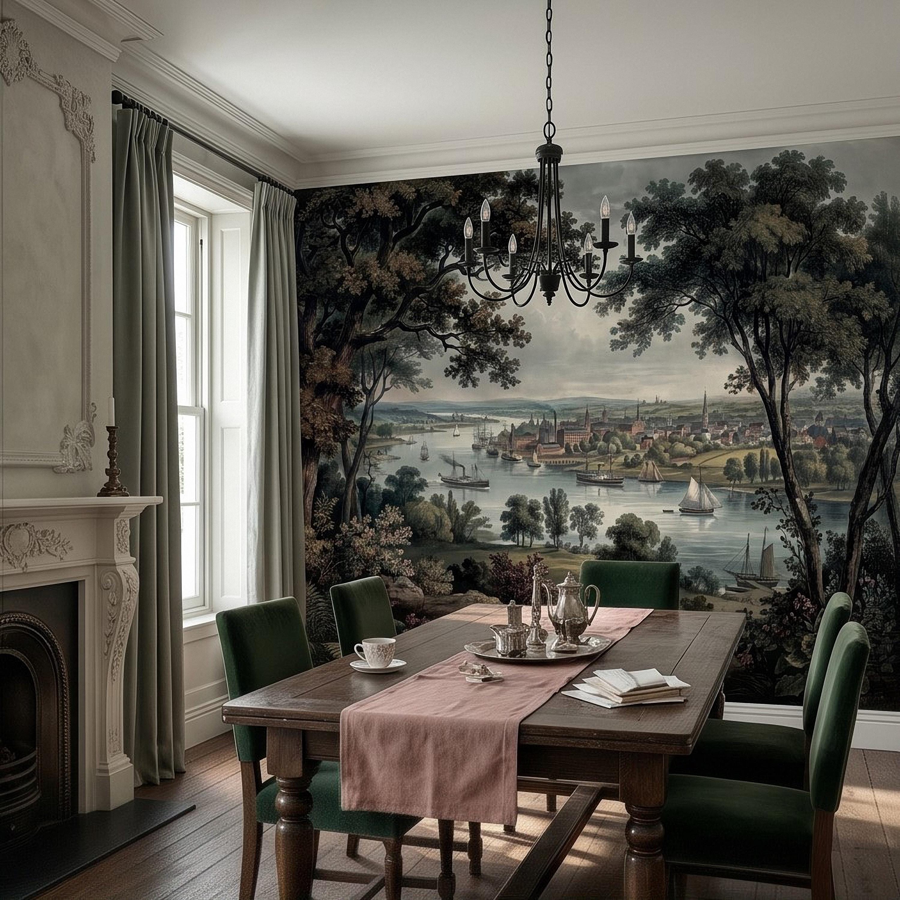 Vintage Riverside Town Peel and Stick Wall Mural, Historic Harbor View, Sailing Ships and Woodland Landscape Scenic Wallpaper