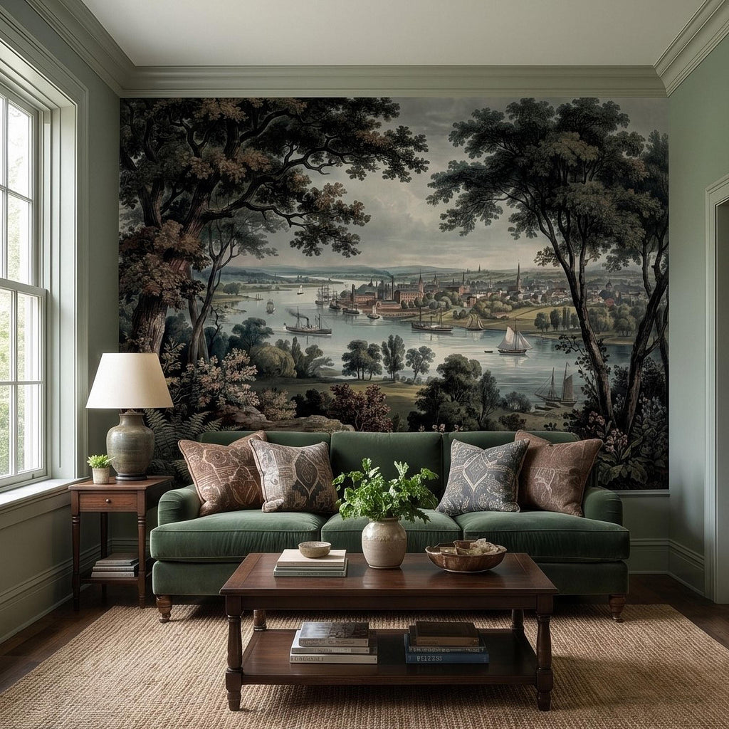 Vintage Riverside Town Peel and Stick Wall Mural, Historic Harbor View, Sailing Ships and Woodland Landscape Scenic Wallpaper