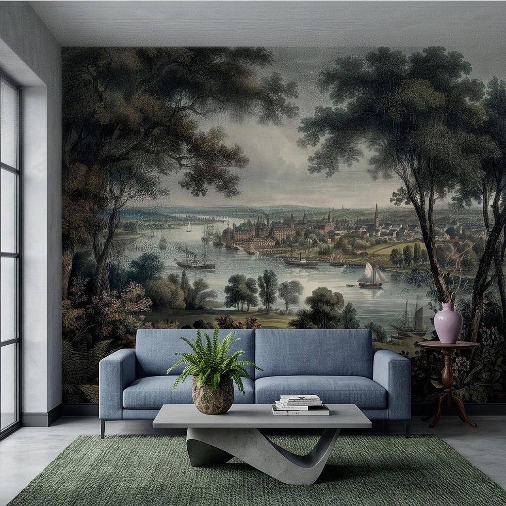 Vintage Riverside Town Peel and Stick Wall Mural, Historic Harbor View, Sailing Ships and Woodland Landscape Scenic Wallpaper