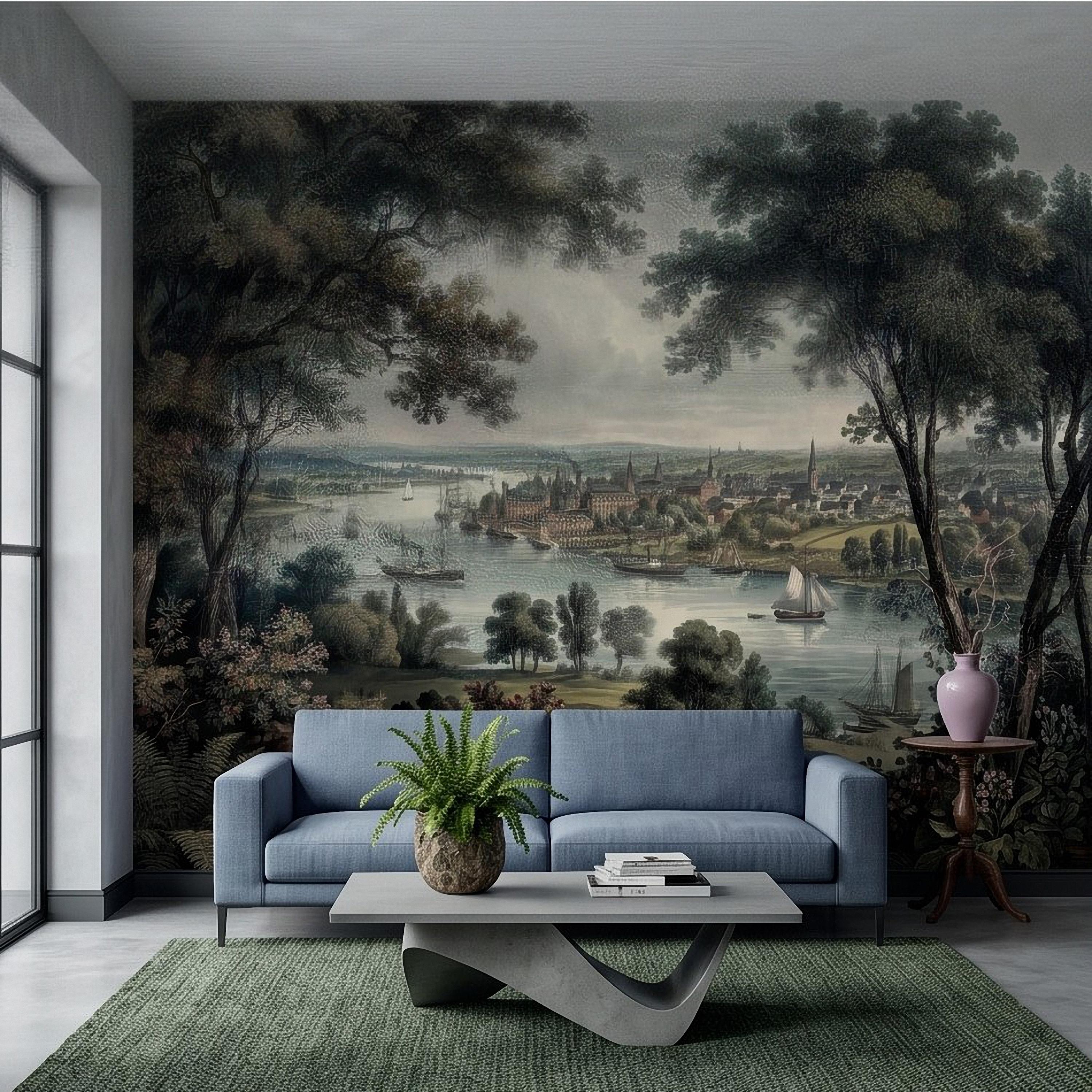 Vintage Riverside Town Peel and Stick Wall Mural, Historic Harbor View, Sailing Ships and Woodland Landscape Scenic Wallpaper