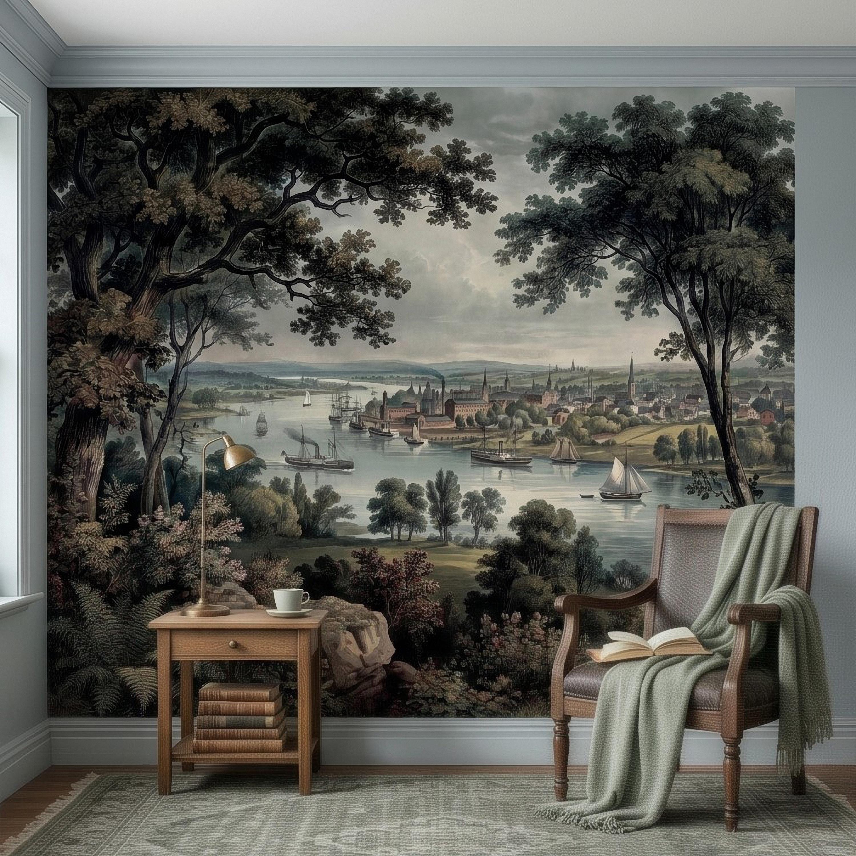 Vintage Riverside Town Peel and Stick Wall Mural, Historic Harbor View, Sailing Ships and Woodland Landscape Scenic Wallpaper