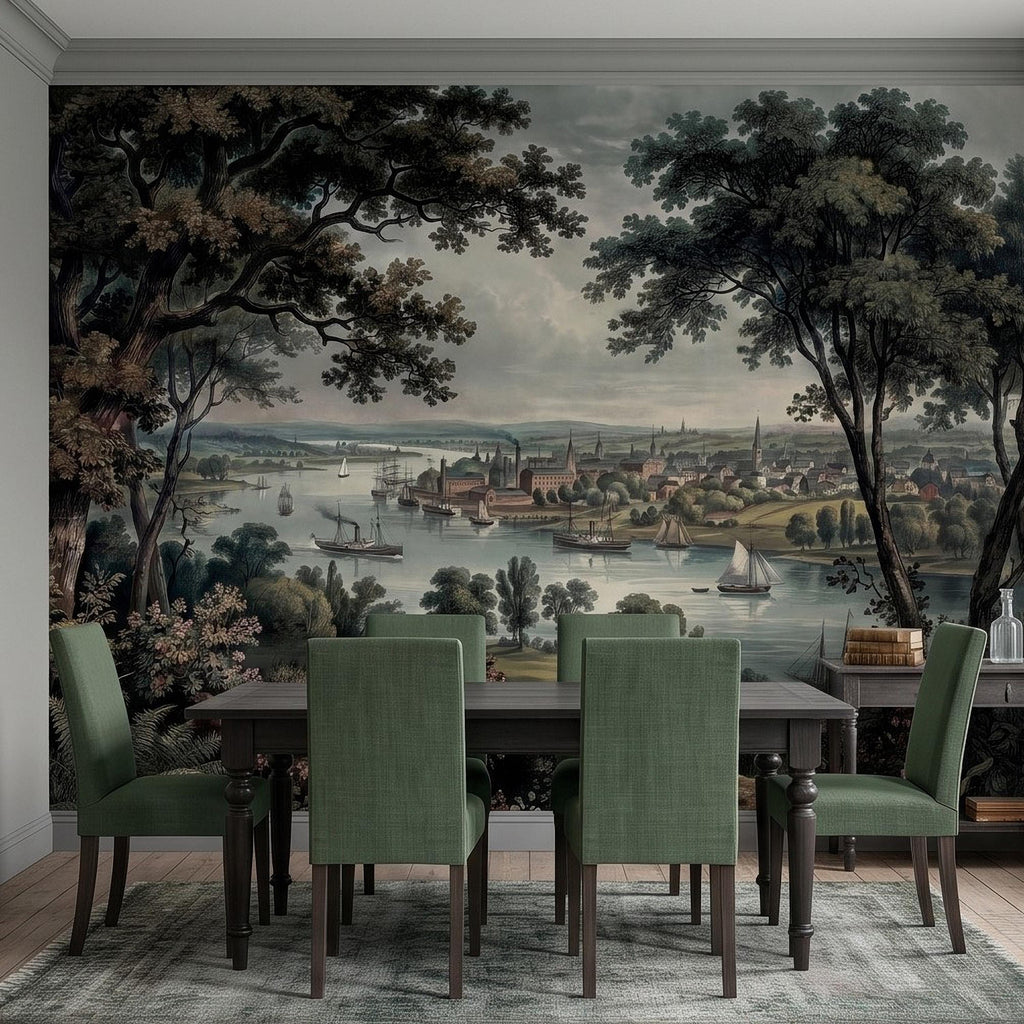 Vintage Riverside Town Peel and Stick Wall Mural, Historic Harbor View, Sailing Ships and Woodland Landscape Scenic Wallpaper