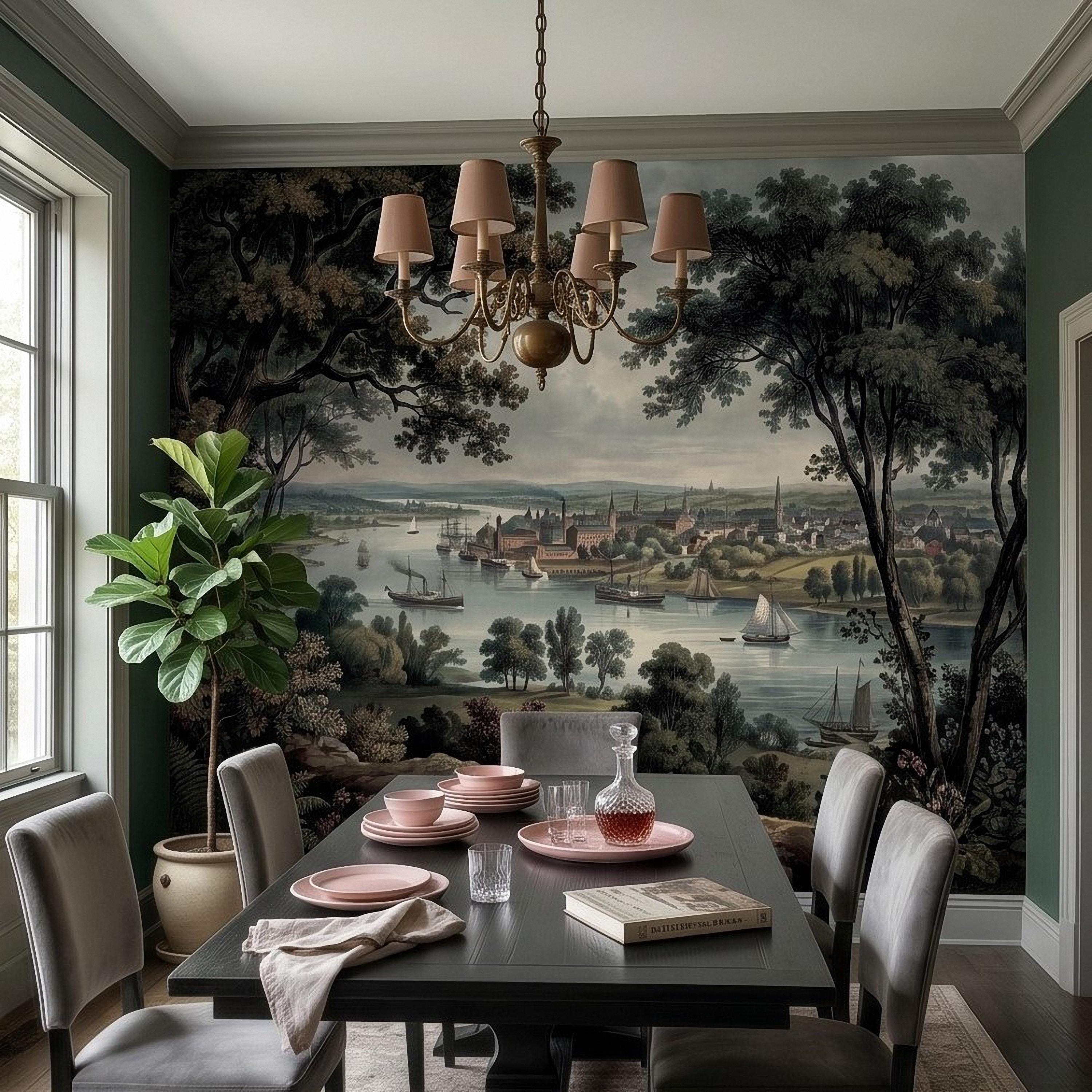Vintage Riverside Town Peel and Stick Wall Mural, Historic Harbor View, Sailing Ships and Woodland Landscape Scenic Wallpaper