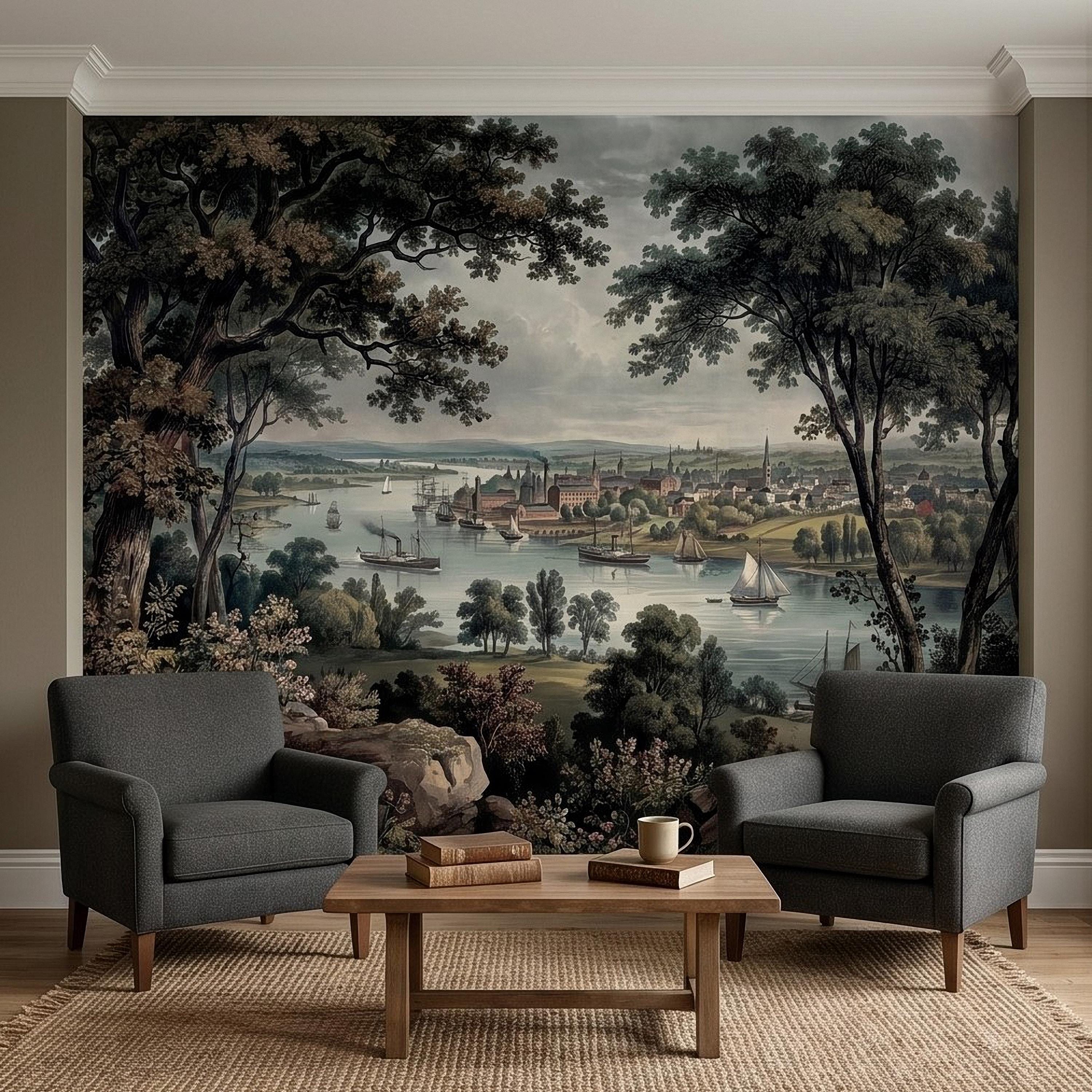 Vintage Riverside Town Peel and Stick Wall Mural, Historic Harbor View, Sailing Ships and Woodland Landscape Scenic Wallpaper