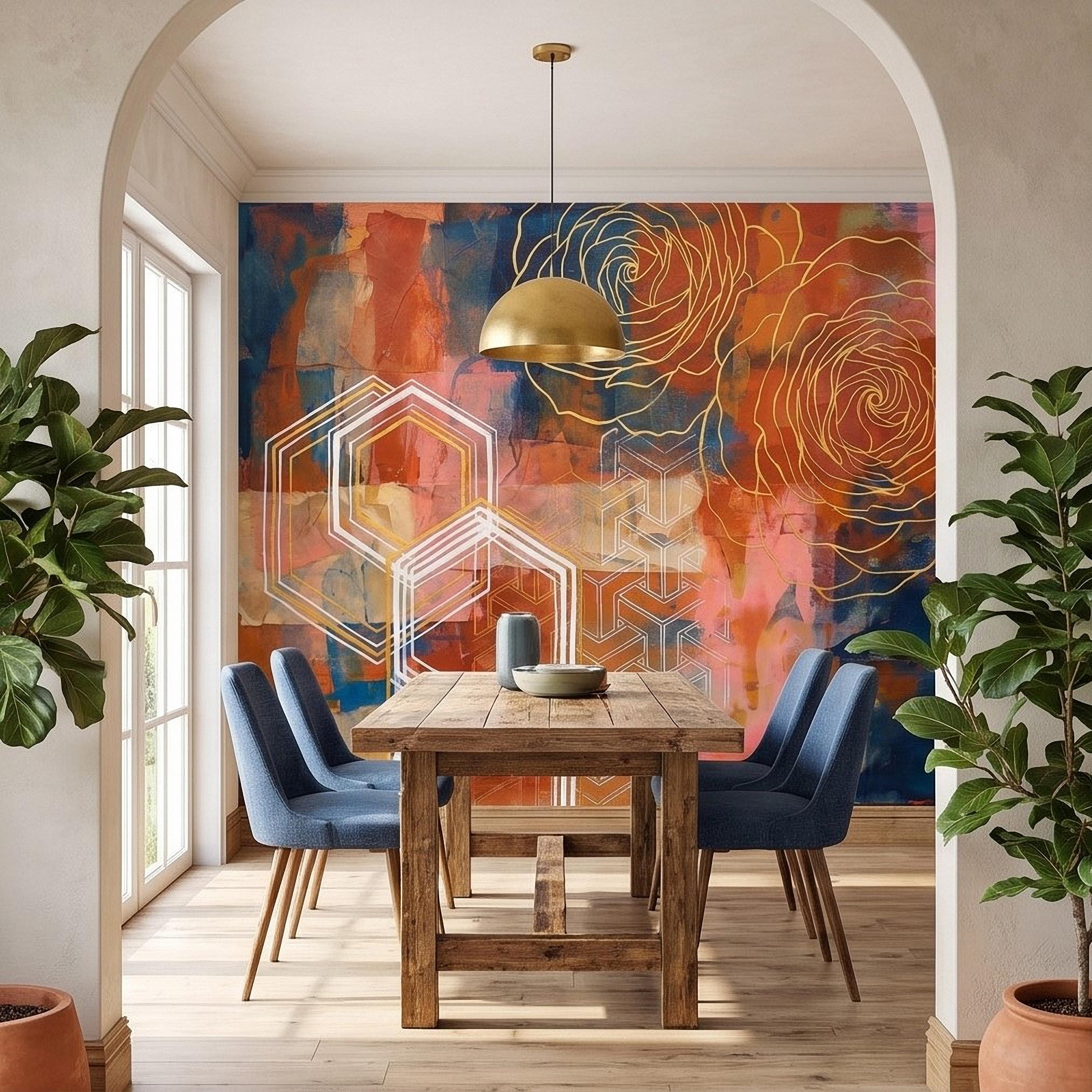 Abstract Rose Peel and Stick Wall Mural, Geometric Line Art Flowers, Hexagon Motifs and Color Block Composition Contemporary Wallpaper