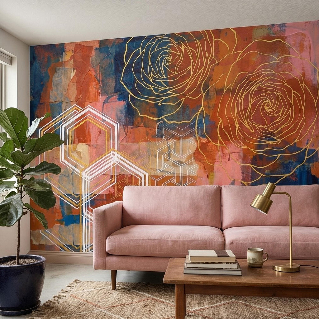 Abstract Rose Peel and Stick Wall Mural, Geometric Line Art Flowers, Hexagon Motifs and Color Block Composition Contemporary Wallpaper