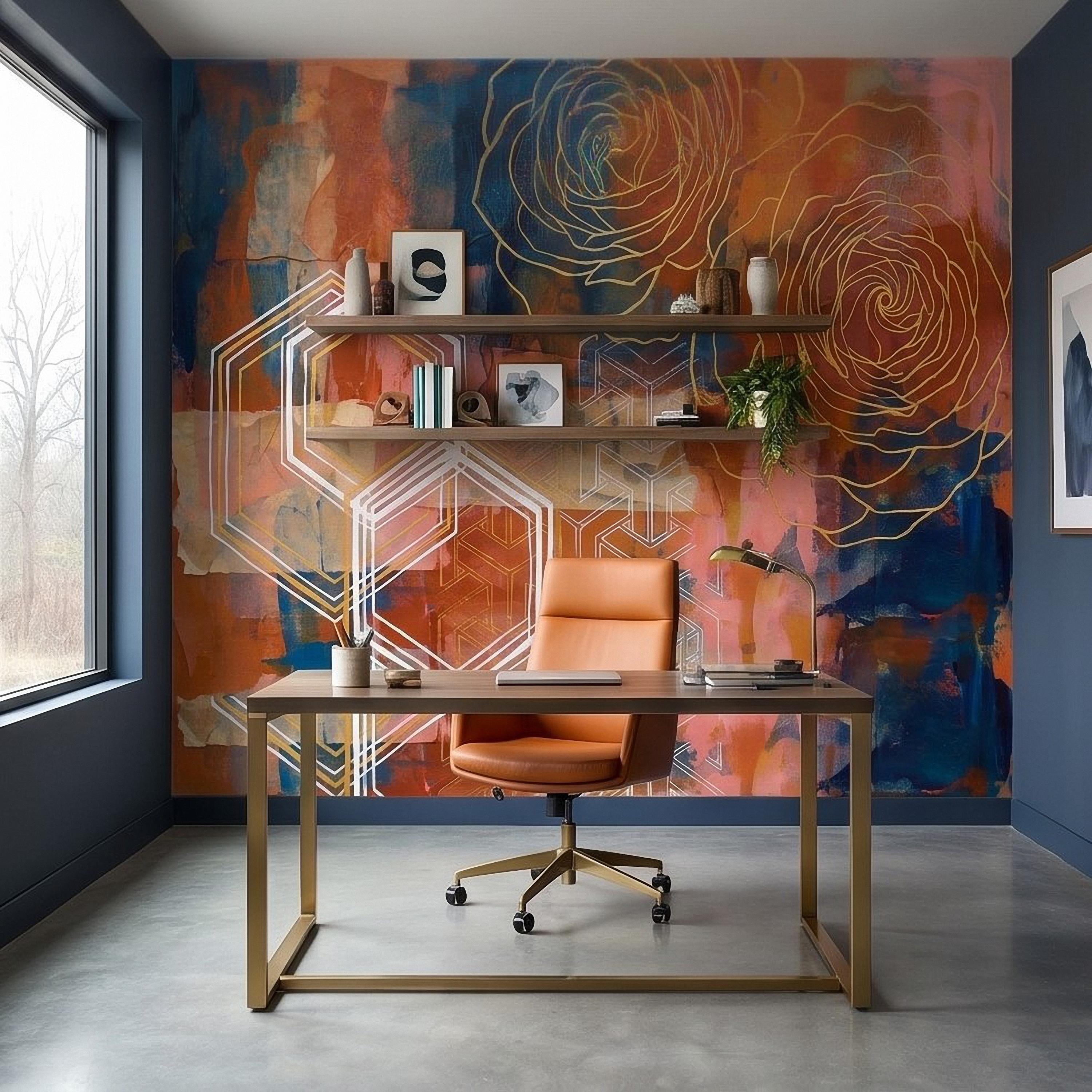 Abstract Rose Peel and Stick Wall Mural, Geometric Line Art Flowers, Hexagon Motifs and Color Block Composition Contemporary Wallpaper