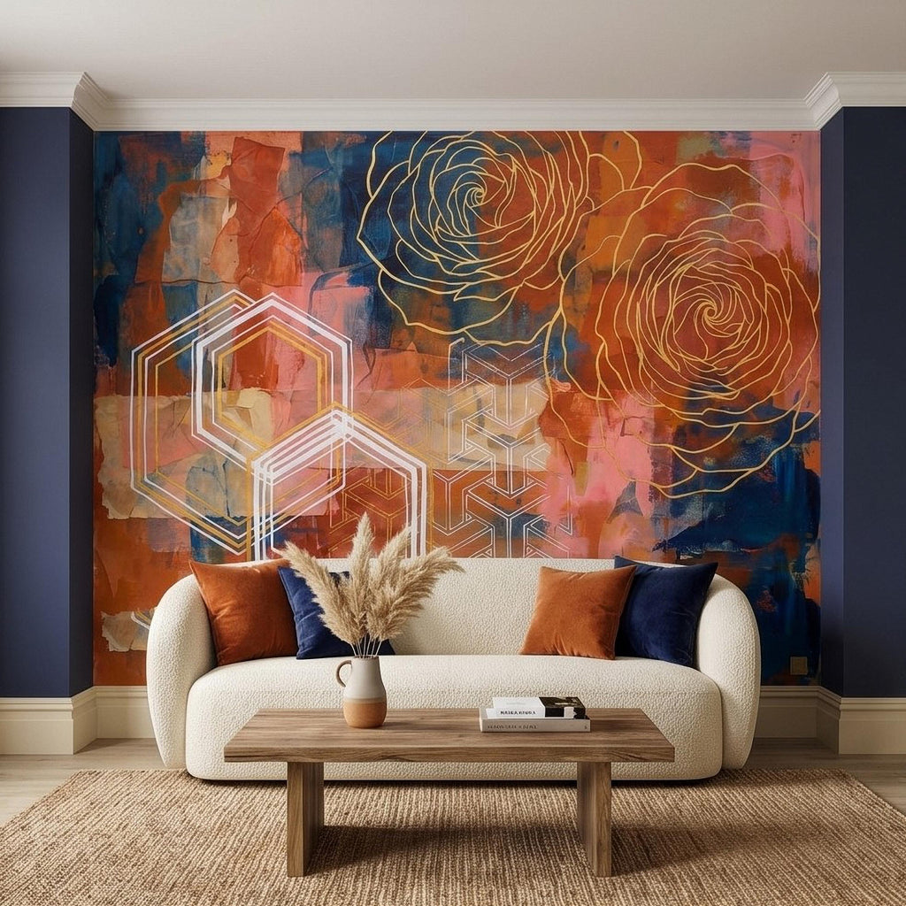 Abstract Rose Peel and Stick Wall Mural, Geometric Line Art Flowers, Hexagon Motifs and Color Block Composition Contemporary Wallpaper