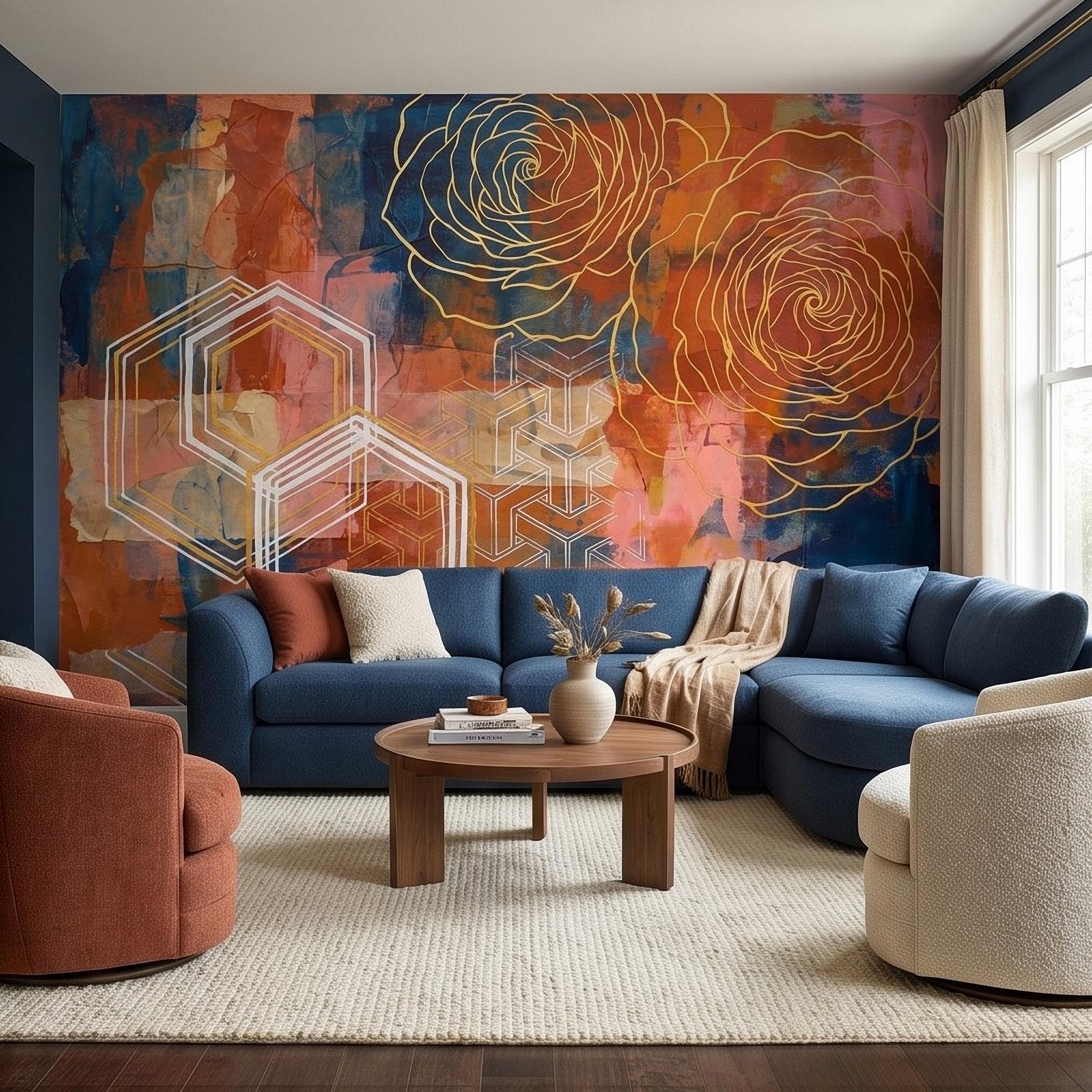 Abstract Rose Peel and Stick Wall Mural, Geometric Line Art Flowers, Hexagon Motifs and Color Block Composition Contemporary Wallpaper