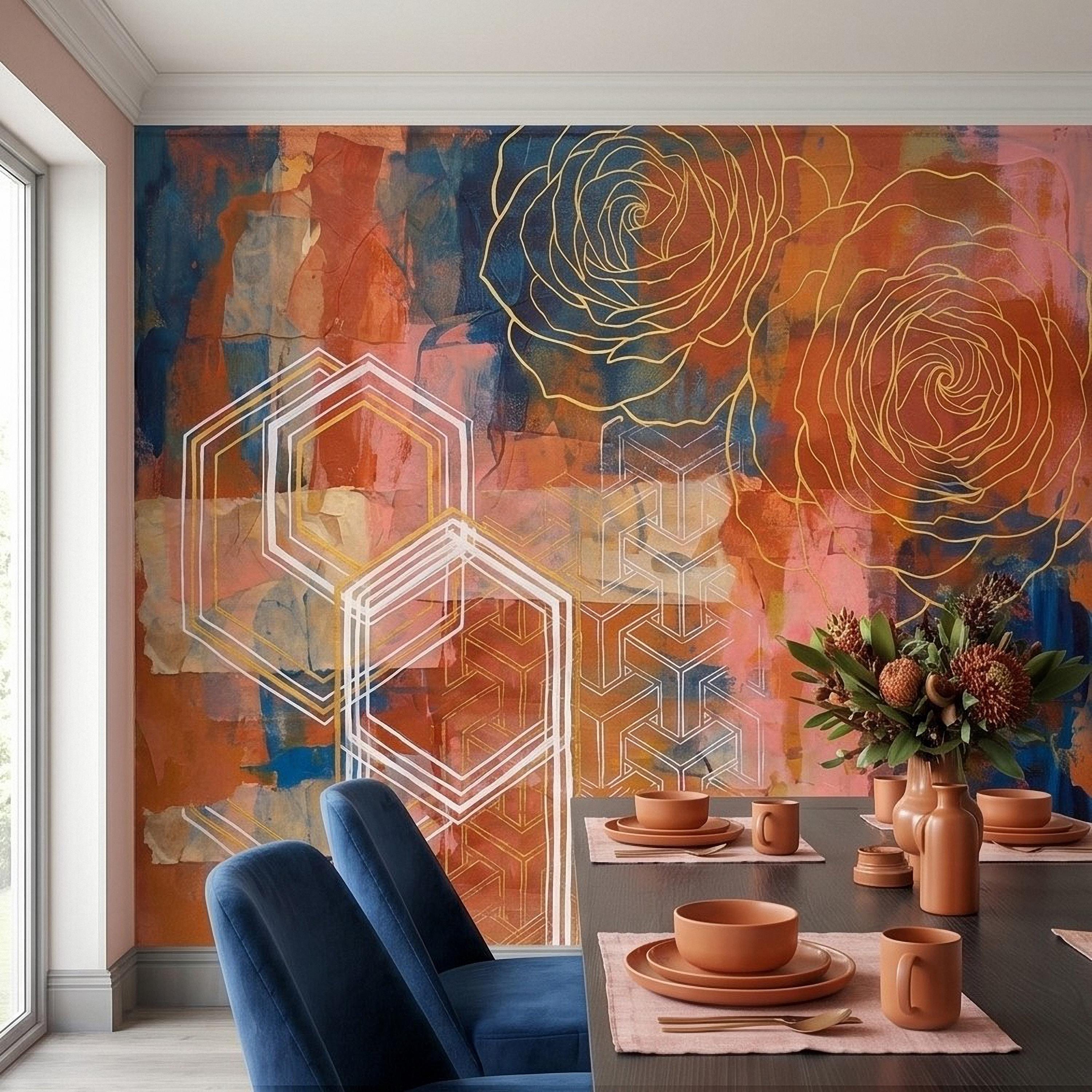 Abstract Rose Peel and Stick Wall Mural, Geometric Line Art Flowers, Hexagon Motifs and Color Block Composition Contemporary Wallpaper