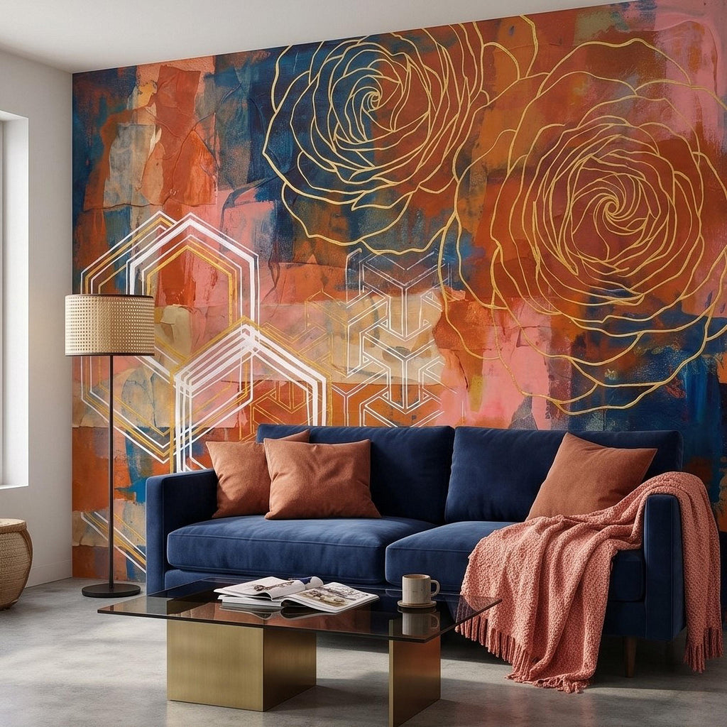 Abstract Rose Peel and Stick Wall Mural, Geometric Line Art Flowers, Hexagon Motifs and Color Block Composition Contemporary Wallpaper