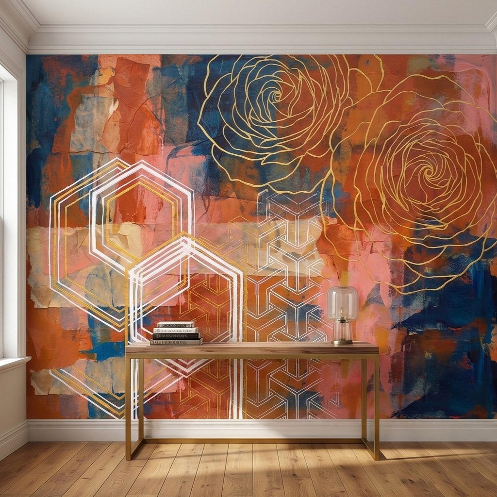 Abstract Rose Peel and Stick Wall Mural, Geometric Line Art Flowers, Hexagon Motifs and Color Block Composition Contemporary Wallpaper