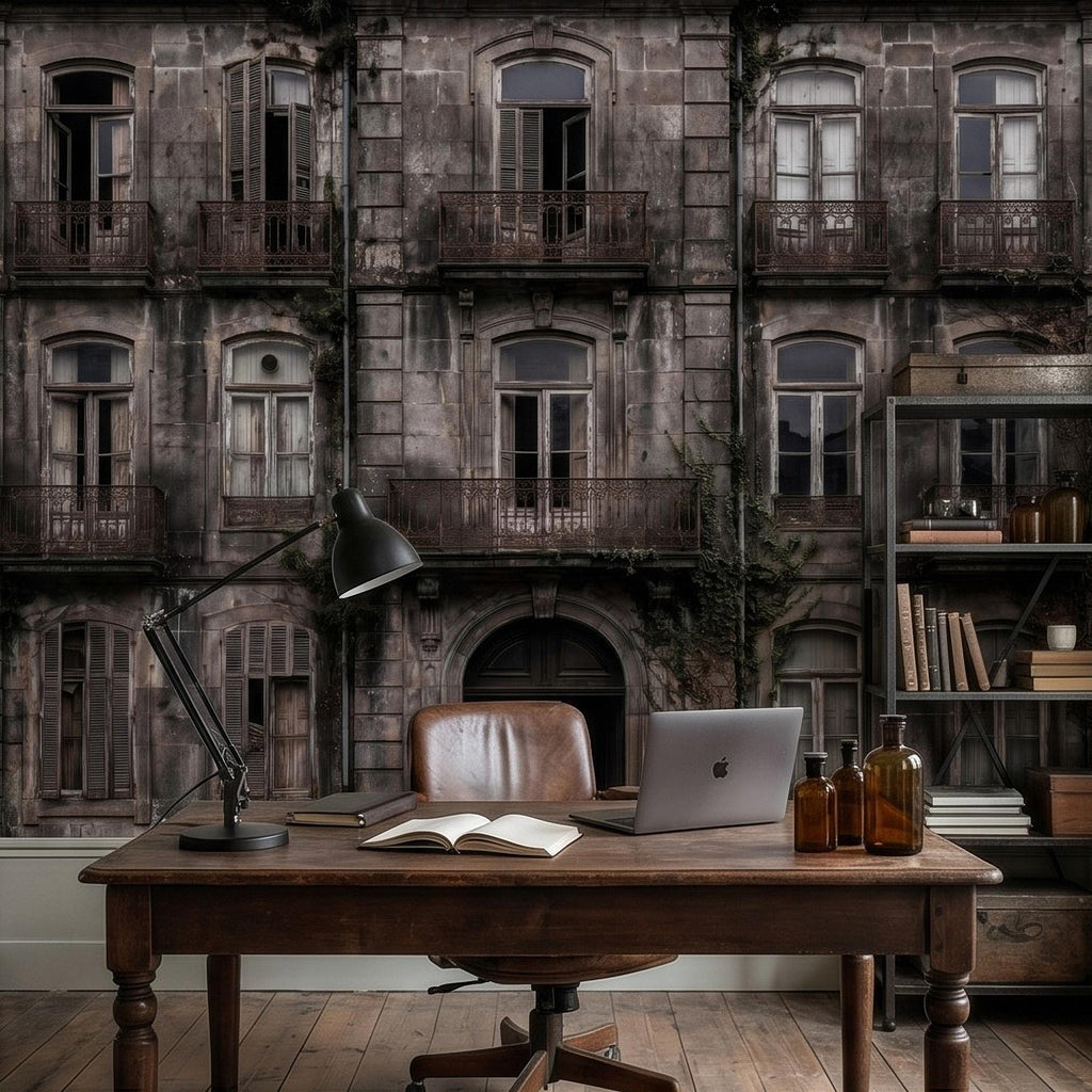 Abandoned Weathered Building Facade Peel and Stick Wall Mural, Aged Stone Architecture, Vintage Balconies and Windows Wallpaper