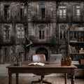Abandoned Weathered Building Facade Peel and Stick Wall Mural, Aged Stone Architecture, Vintage Balconies and Windows Wallpaper
