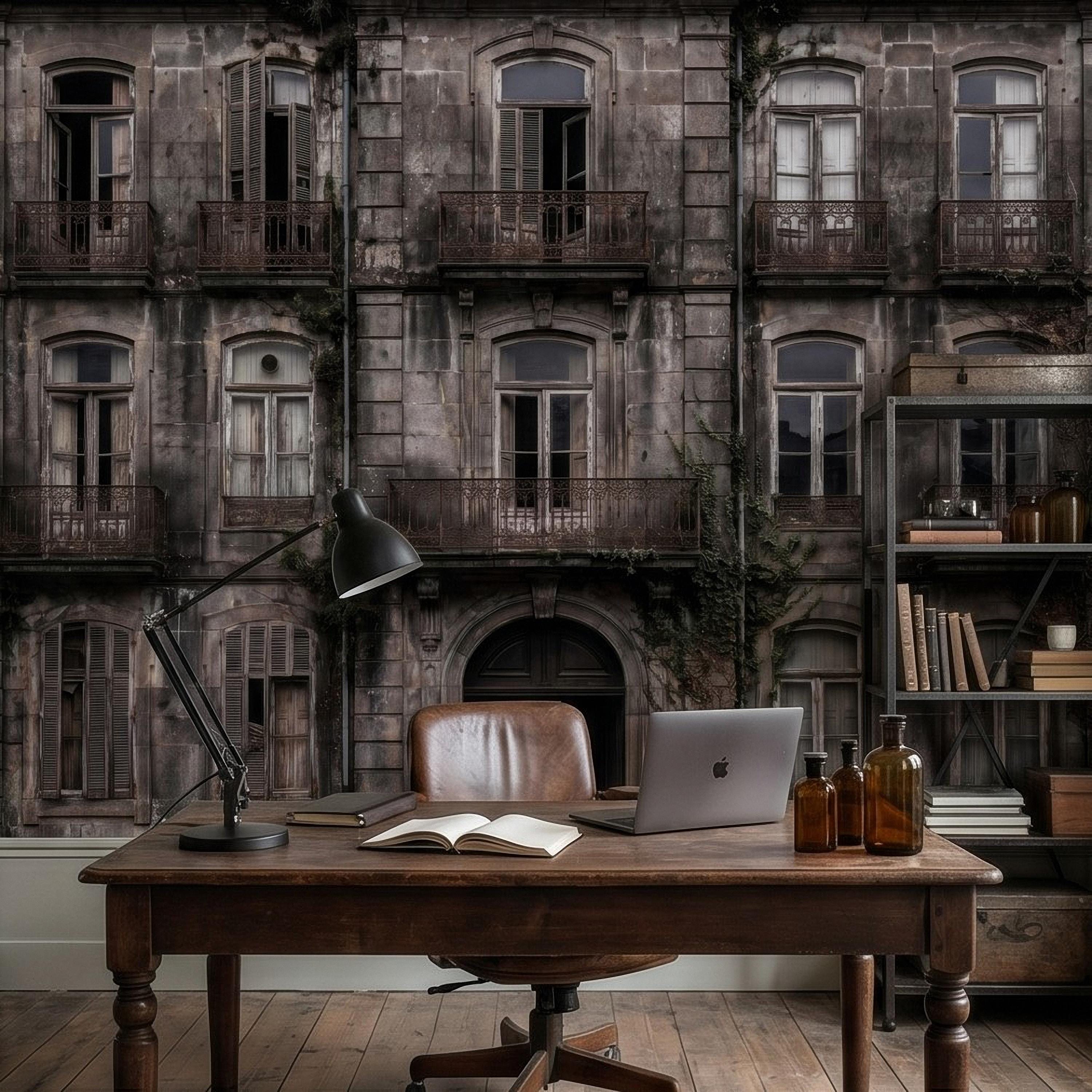 Abandoned Weathered Building Facade Peel and Stick Wall Mural, Aged Stone Architecture, Vintage Balconies and Windows Wallpaper