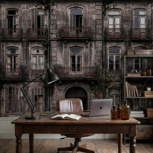 Wall mural showing a weathered stone building facade with arched doorway, windows, and balconies
