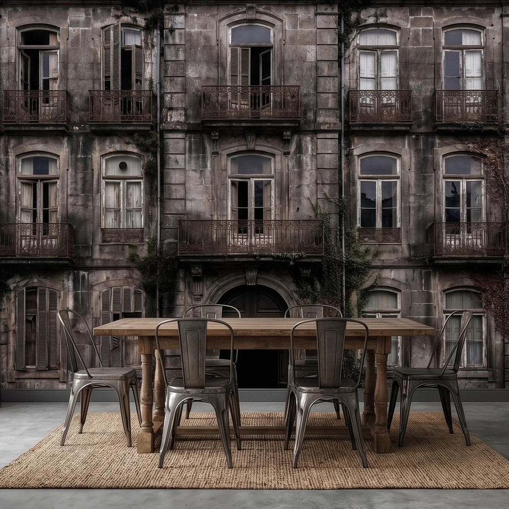 Abandoned Weathered Building Facade Peel and Stick Wall Mural, Aged Stone Architecture, Vintage Balconies and Windows Wallpaper