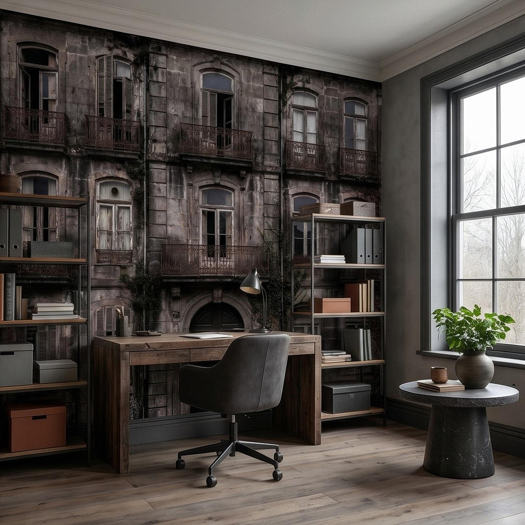 Abandoned Weathered Building Facade Peel and Stick Wall Mural, Aged Stone Architecture, Vintage Balconies and Windows Wallpaper