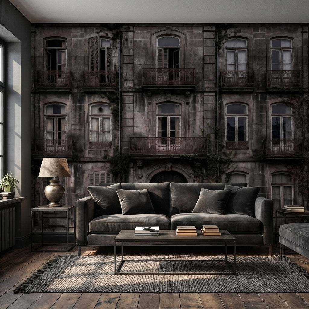 Abandoned Weathered Building Facade Peel and Stick Wall Mural, Aged Stone Architecture, Vintage Balconies and Windows Wallpaper