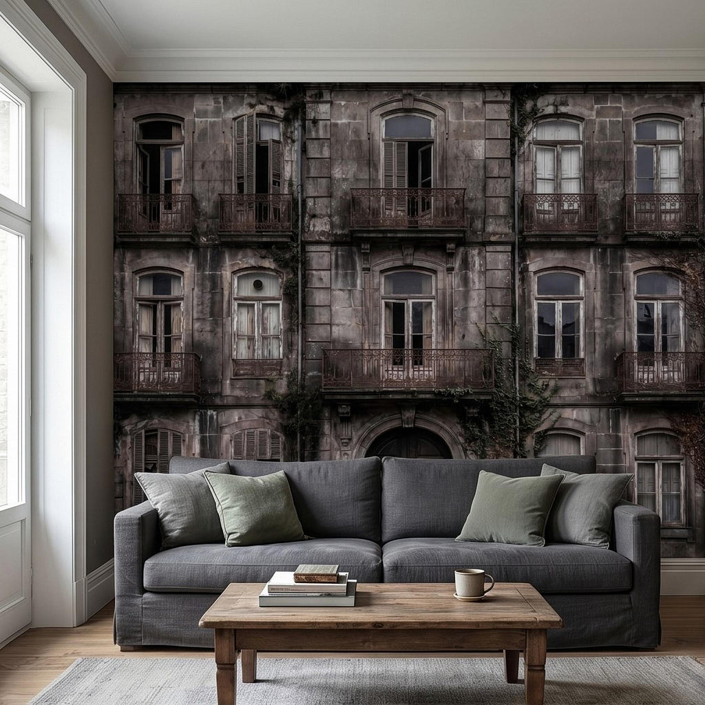 Abandoned Weathered Building Facade Peel and Stick Wall Mural, Aged Stone Architecture, Vintage Balconies and Windows Wallpaper