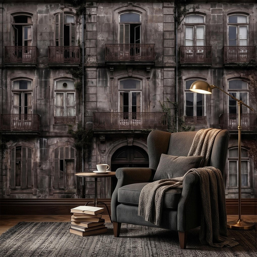 Abandoned Weathered Building Facade Peel and Stick Wall Mural, Aged Stone Architecture, Vintage Balconies and Windows Wallpaper