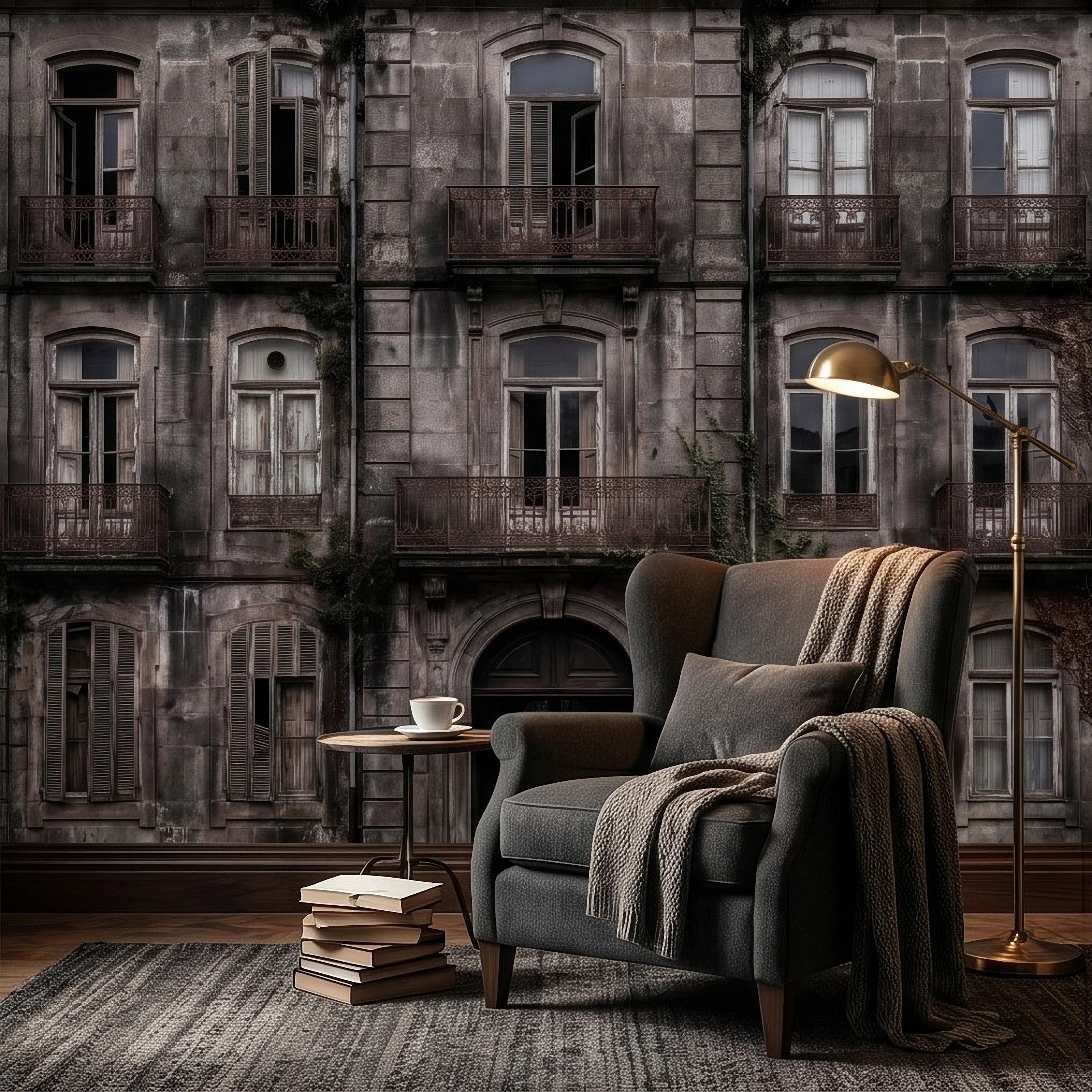 Abandoned Weathered Building Facade Peel and Stick Wall Mural, Aged Stone Architecture, Vintage Balconies and Windows Wallpaper