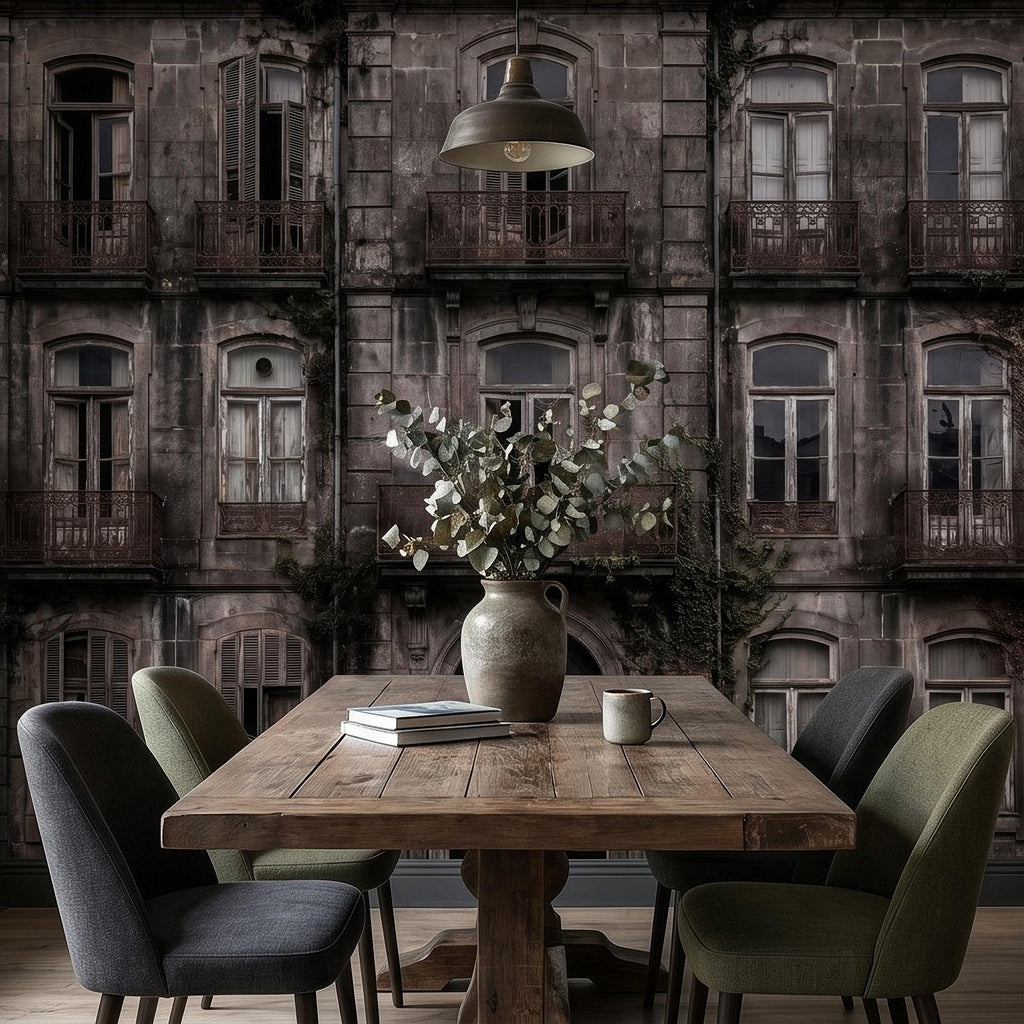 Abandoned Weathered Building Facade Peel and Stick Wall Mural, Aged Stone Architecture, Vintage Balconies and Windows Wallpaper