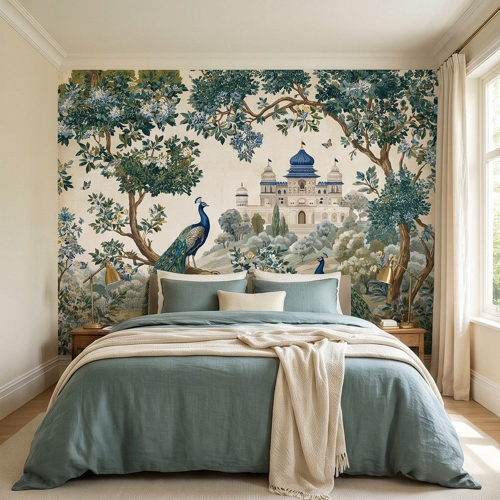 Peacock Garden Peel and Stick Wall Mural, Blooming Trees and Palace View, Elegant Botanical Landscape Chinoiserie Wallpaper