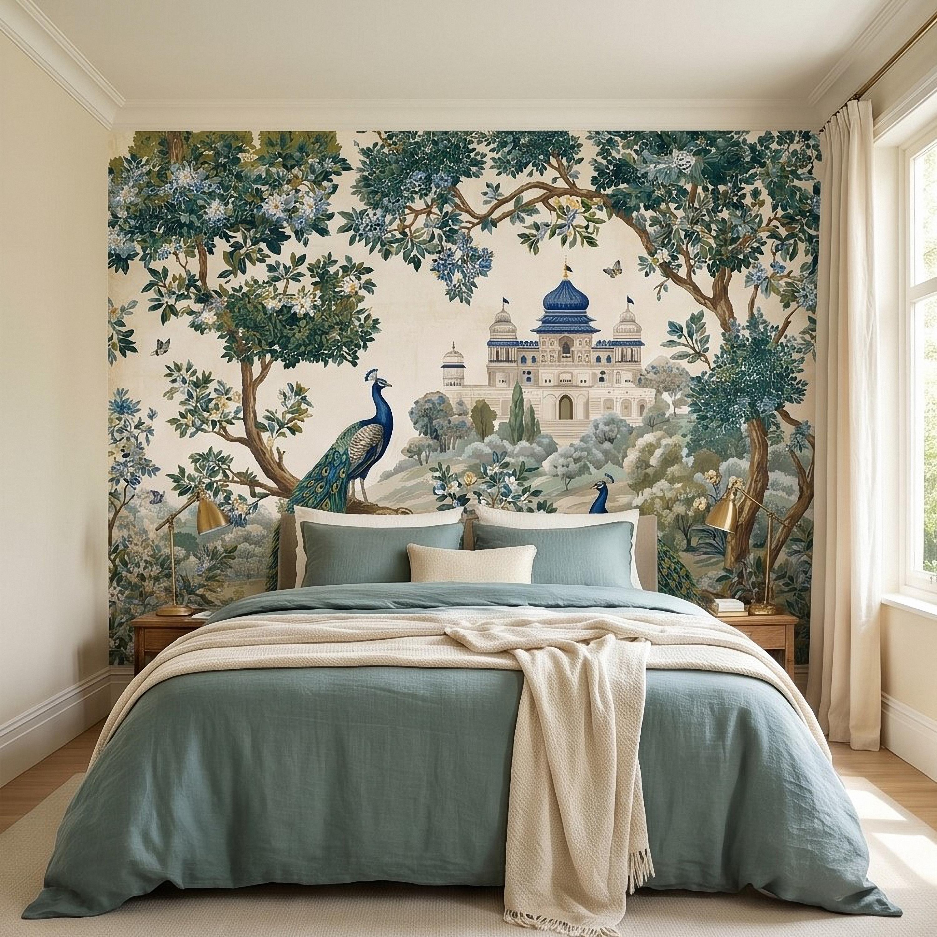 Peacock Garden Peel and Stick Wall Mural, Blooming Trees and Palace View, Elegant Botanical Landscape Chinoiserie Wallpaper