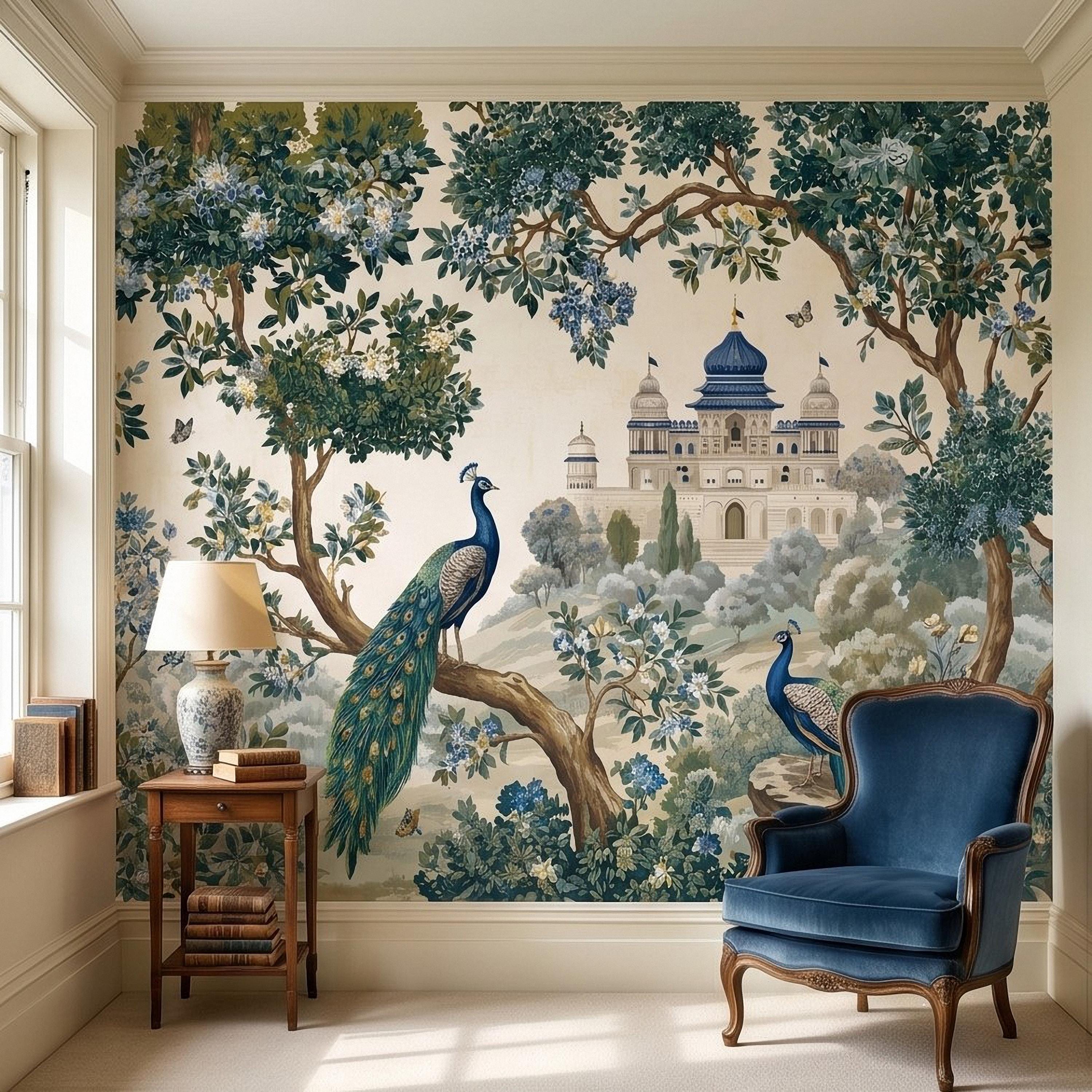 Peacock Garden Peel and Stick Wall Mural, Blooming Trees and Palace View, Elegant Botanical Landscape Chinoiserie Wallpaper