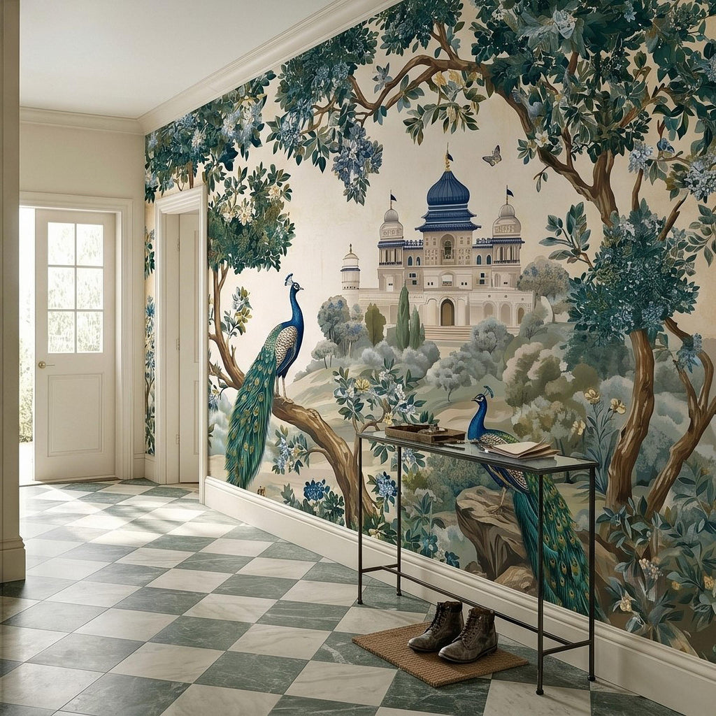 Peacock Garden Peel and Stick Wall Mural, Blooming Trees and Palace View, Elegant Botanical Landscape Chinoiserie Wallpaper
