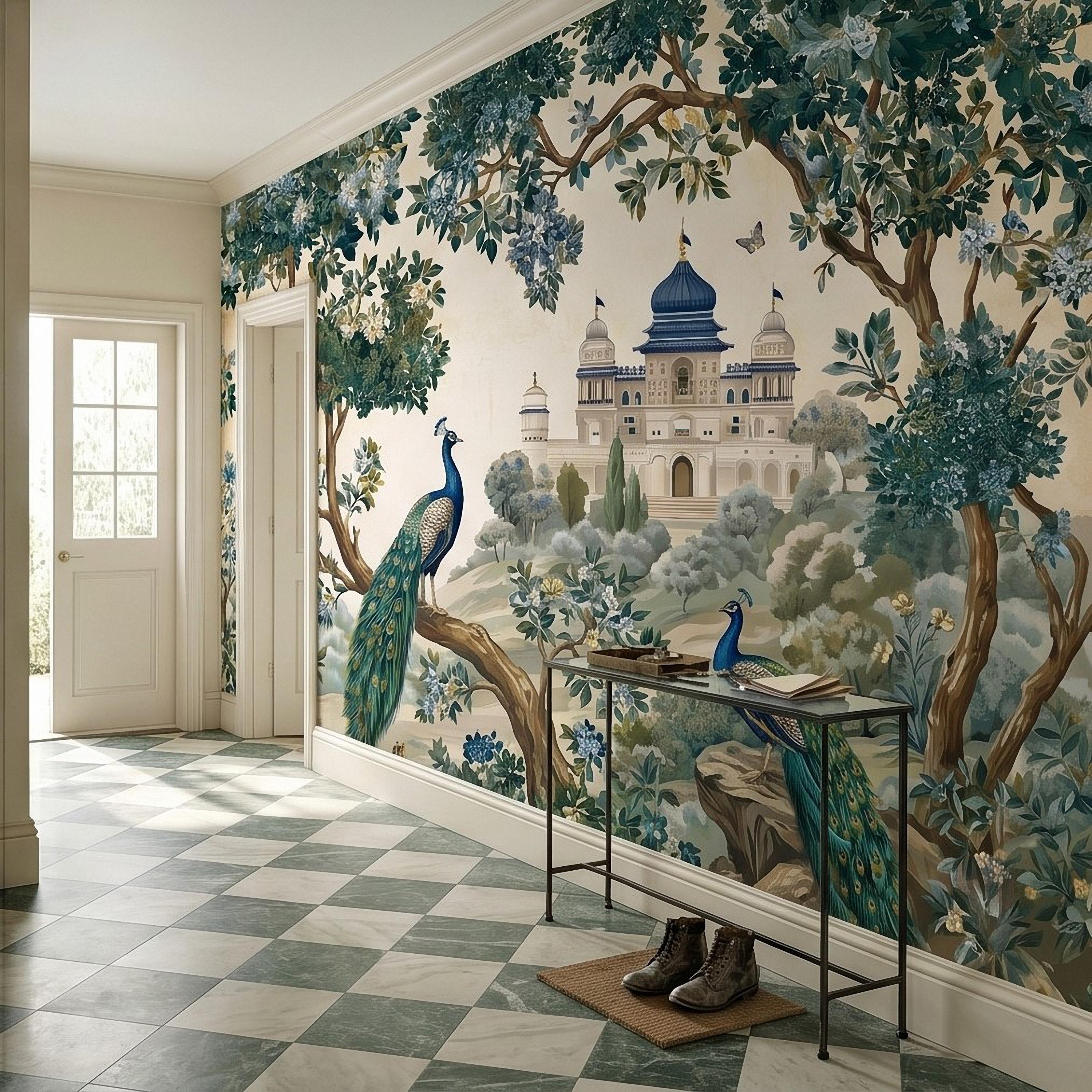 Peacock Garden Peel and Stick Wall Mural, Blooming Trees and Palace View, Elegant Botanical Landscape Chinoiserie Wallpaper