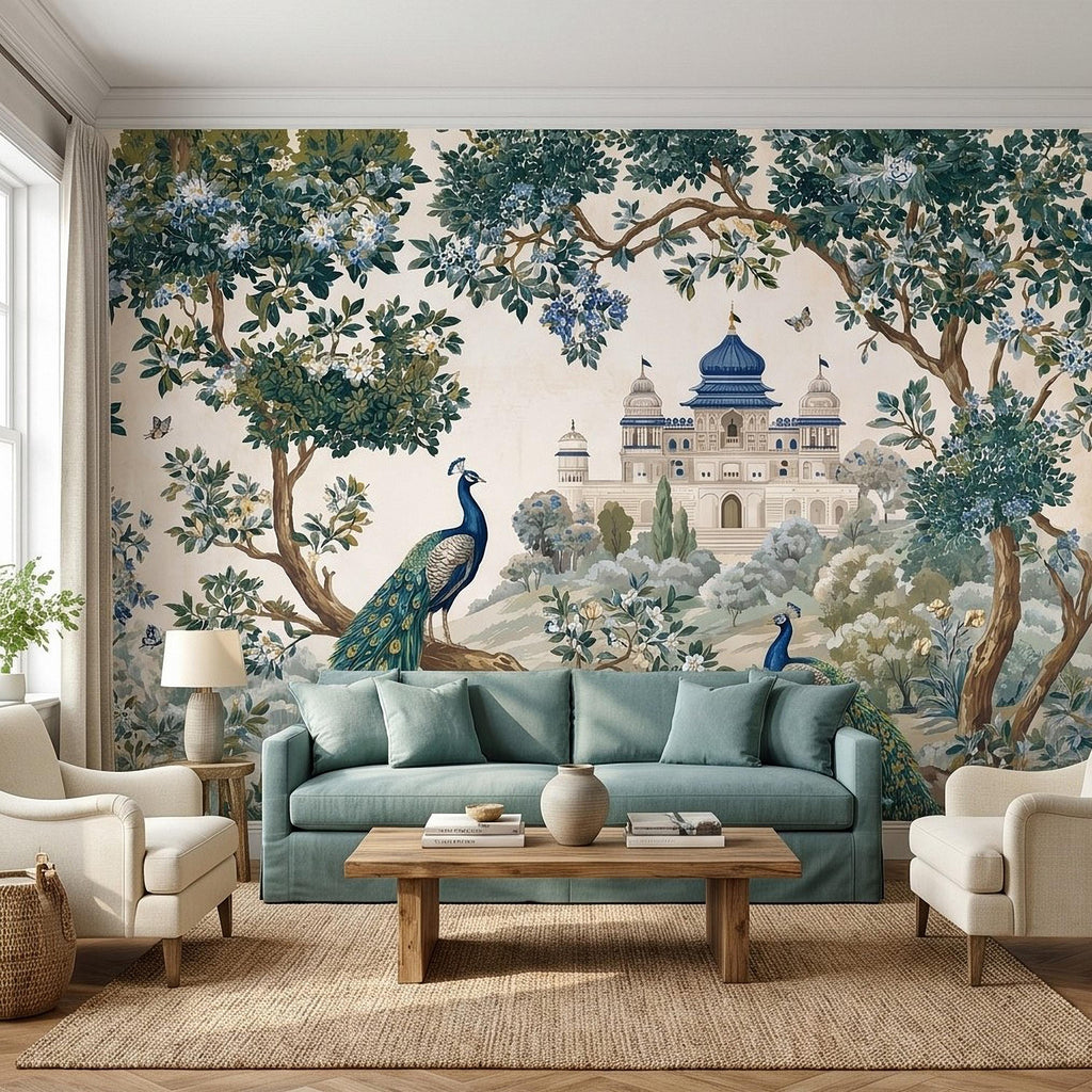 Peacock Garden Peel and Stick Wall Mural, Blooming Trees and Palace View, Elegant Botanical Landscape Chinoiserie Wallpaper