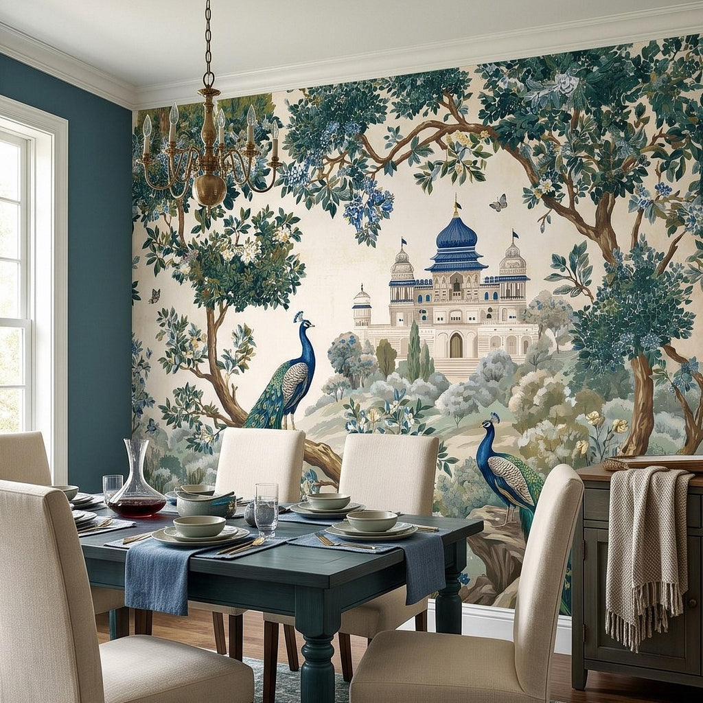 Peacock Garden Peel and Stick Wall Mural, Blooming Trees and Palace View, Elegant Botanical Landscape Chinoiserie Wallpaper