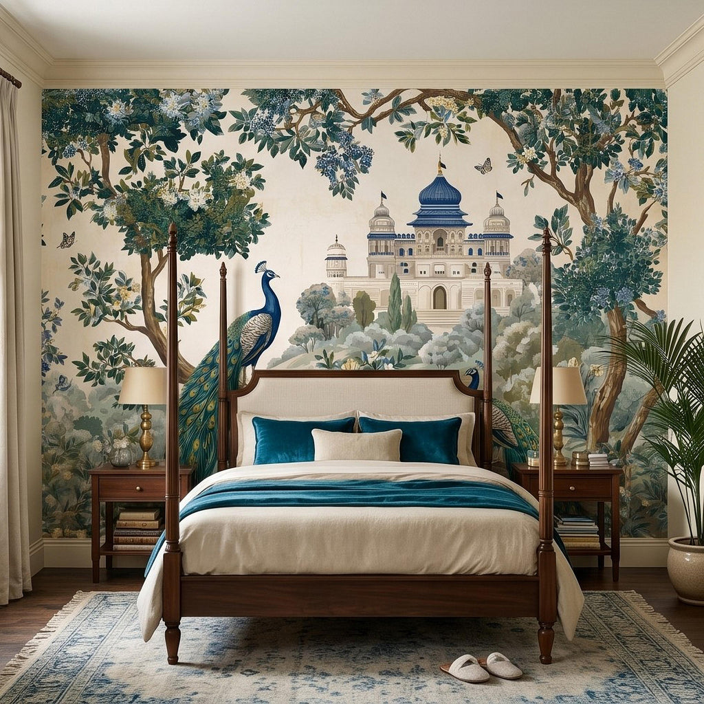 Peacock Garden Peel and Stick Wall Mural, Blooming Trees and Palace View, Elegant Botanical Landscape Chinoiserie Wallpaper