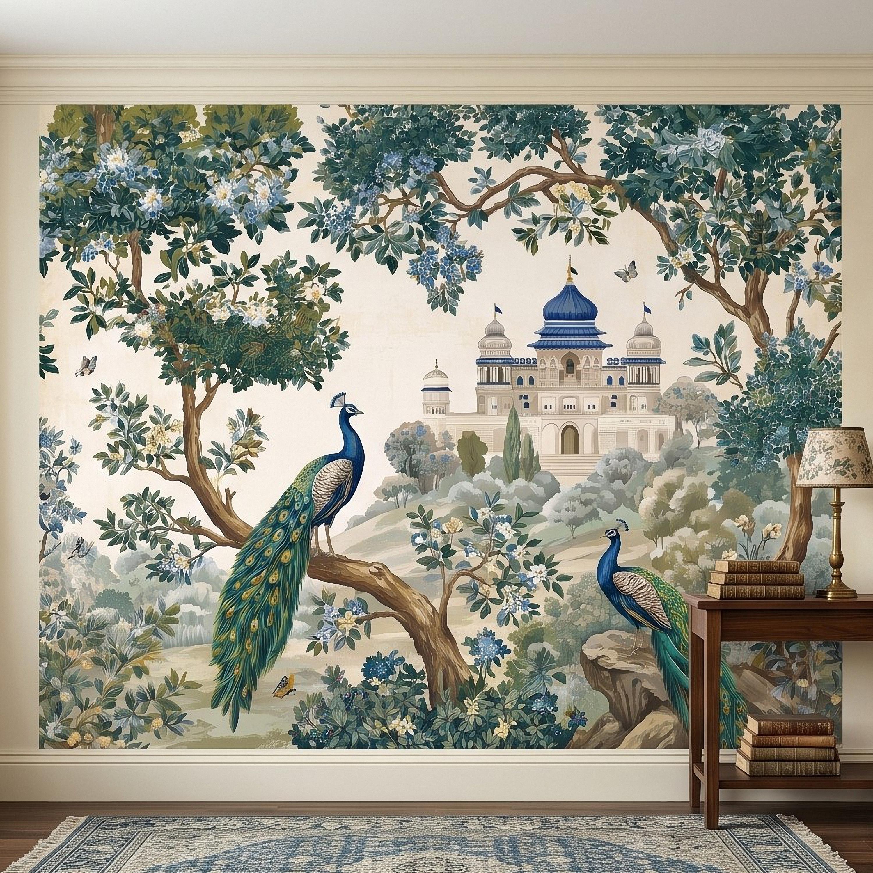 Peacock Garden Peel and Stick Wall Mural, Blooming Trees and Palace View, Elegant Botanical Landscape Chinoiserie Wallpaper