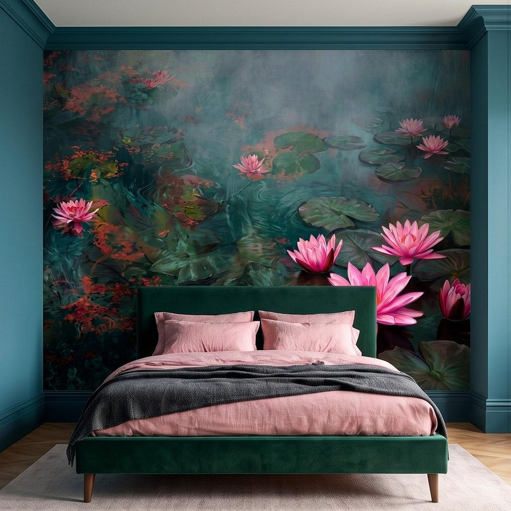Pink Water Lily Peel and Stick Wall Mural, Blooming Lily Pad Pond, Misty Botanical Waterscape Nature Wallpaper