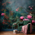 Pink Water Lily Peel and Stick Wall Mural, Blooming Lily Pad Pond, Misty Botanical Waterscape Nature Wallpaper