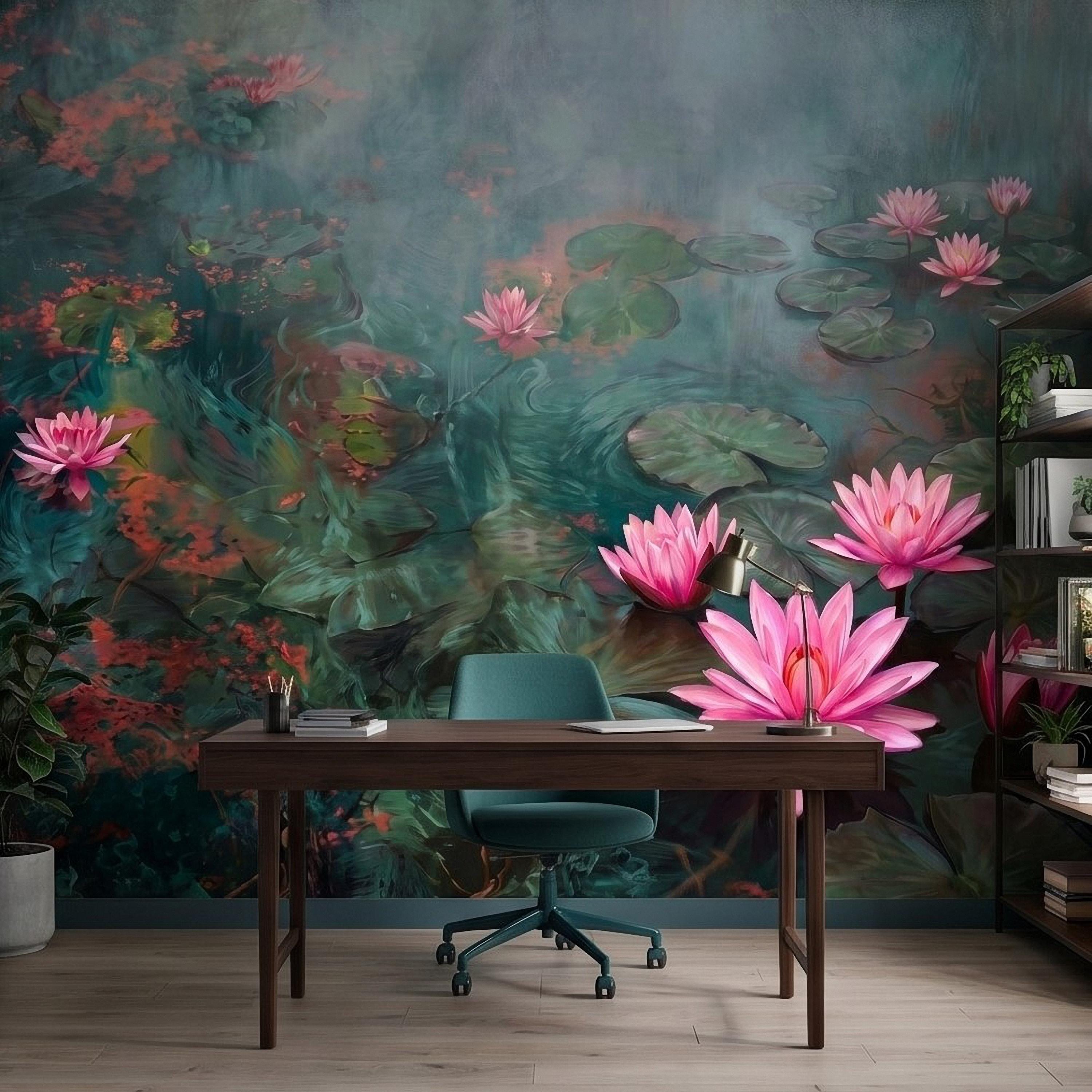Pink Water Lily Peel and Stick Wall Mural, Blooming Lily Pad Pond, Misty Botanical Waterscape Nature Wallpaper
