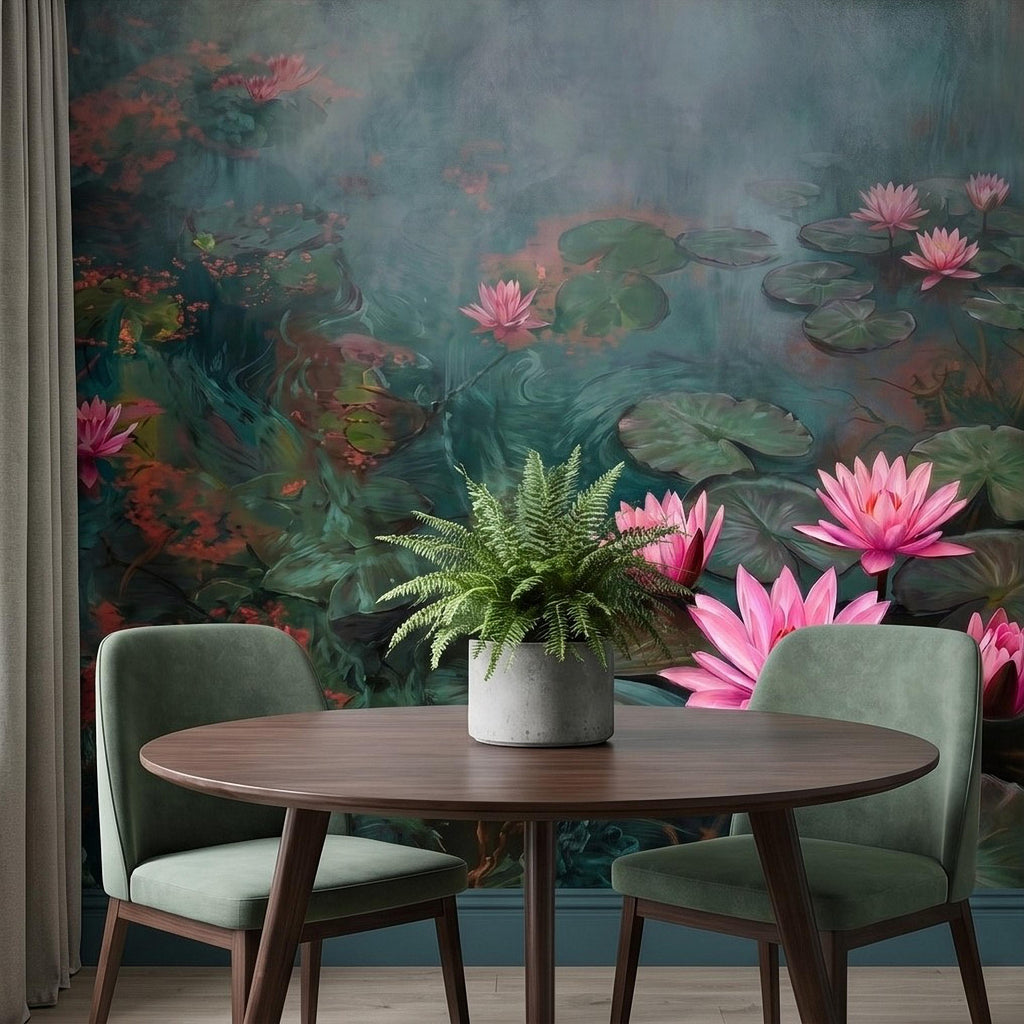 Pink Water Lily Peel and Stick Wall Mural, Blooming Lily Pad Pond, Misty Botanical Waterscape Nature Wallpaper