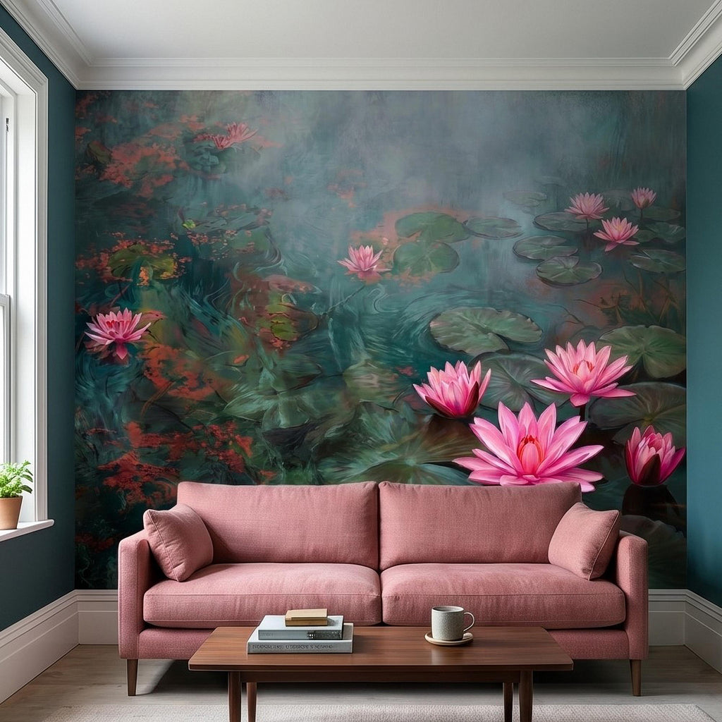 Pink Water Lily Peel and Stick Wall Mural, Blooming Lily Pad Pond, Misty Botanical Waterscape Nature Wallpaper