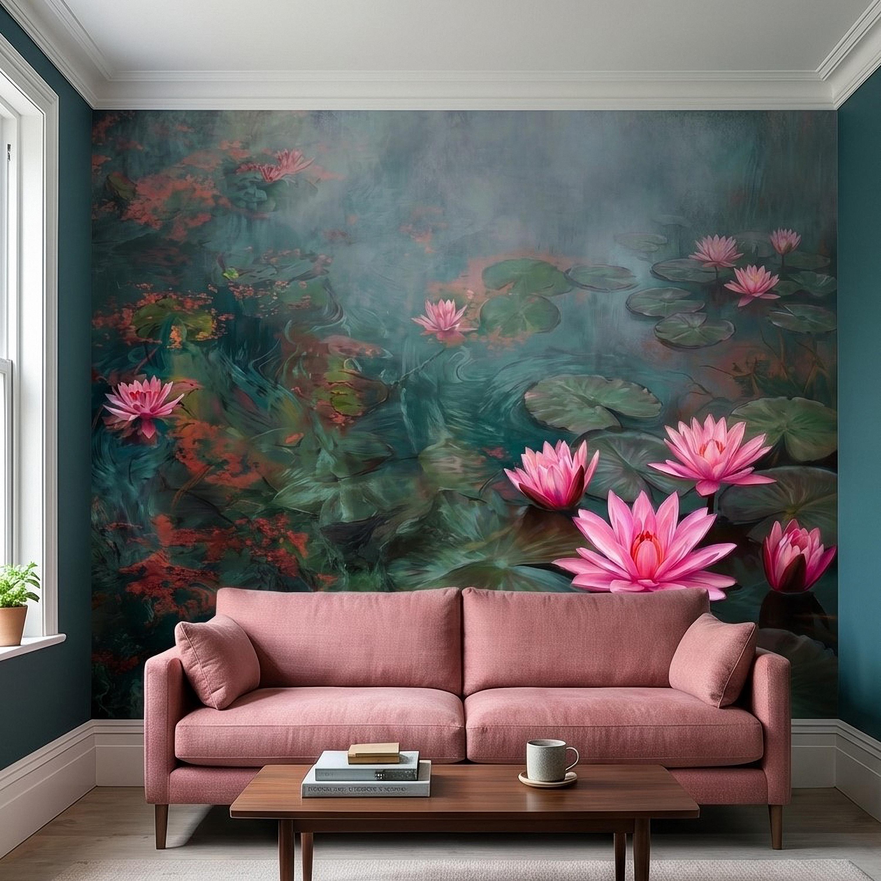 Pink Water Lily Peel and Stick Wall Mural, Blooming Lily Pad Pond, Misty Botanical Waterscape Nature Wallpaper