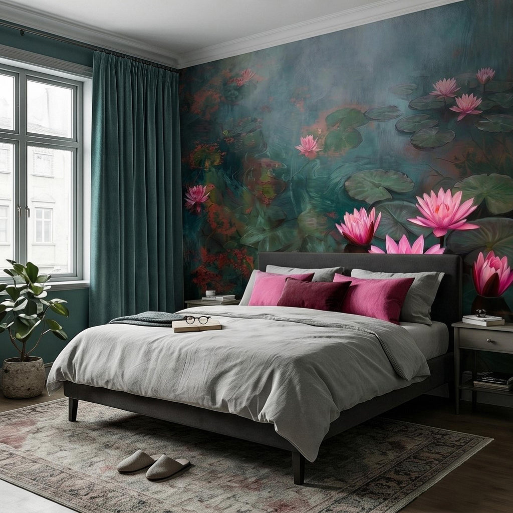 Pink Water Lily Peel and Stick Wall Mural, Blooming Lily Pad Pond, Misty Botanical Waterscape Nature Wallpaper