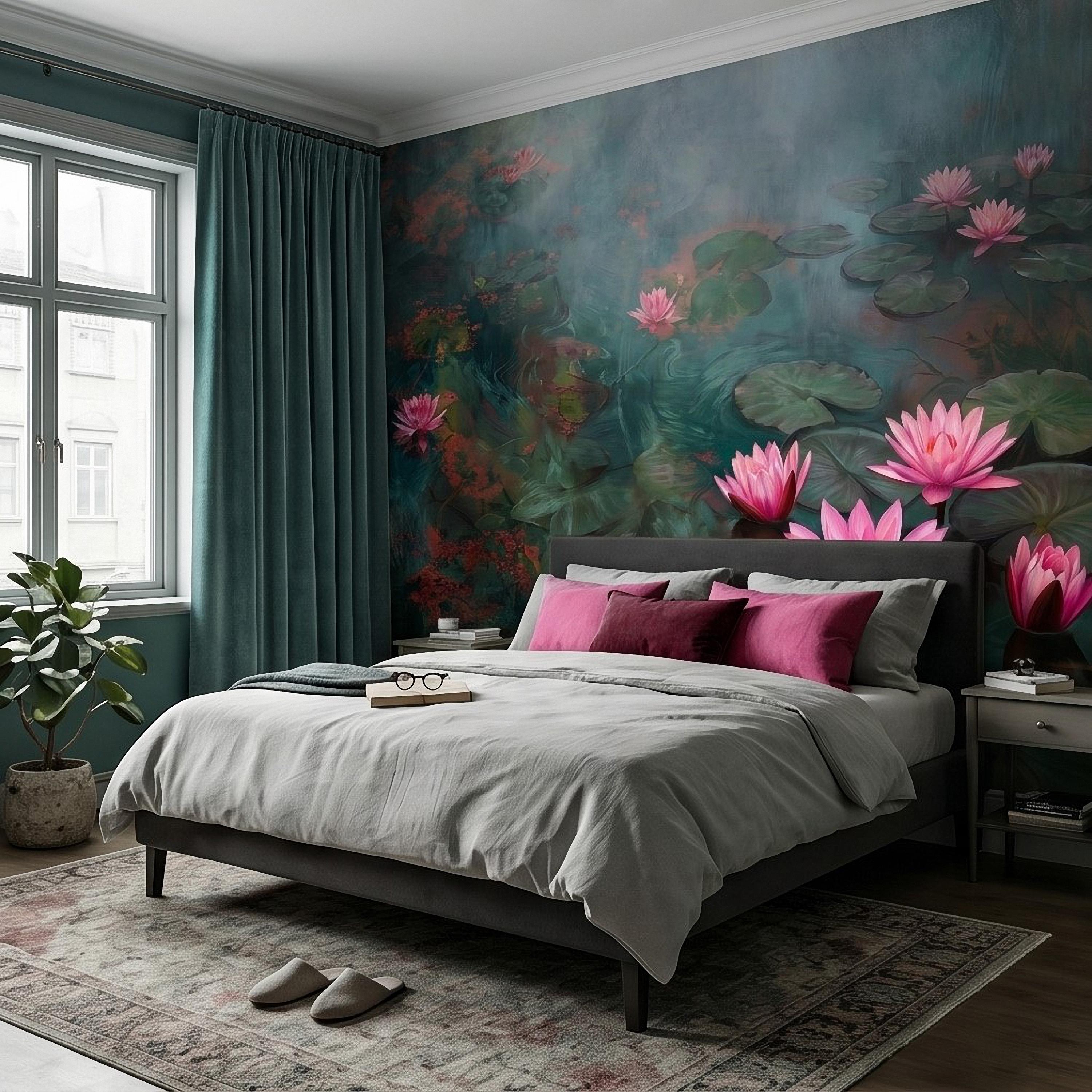Pink Water Lily Peel and Stick Wall Mural, Blooming Lily Pad Pond, Misty Botanical Waterscape Nature Wallpaper
