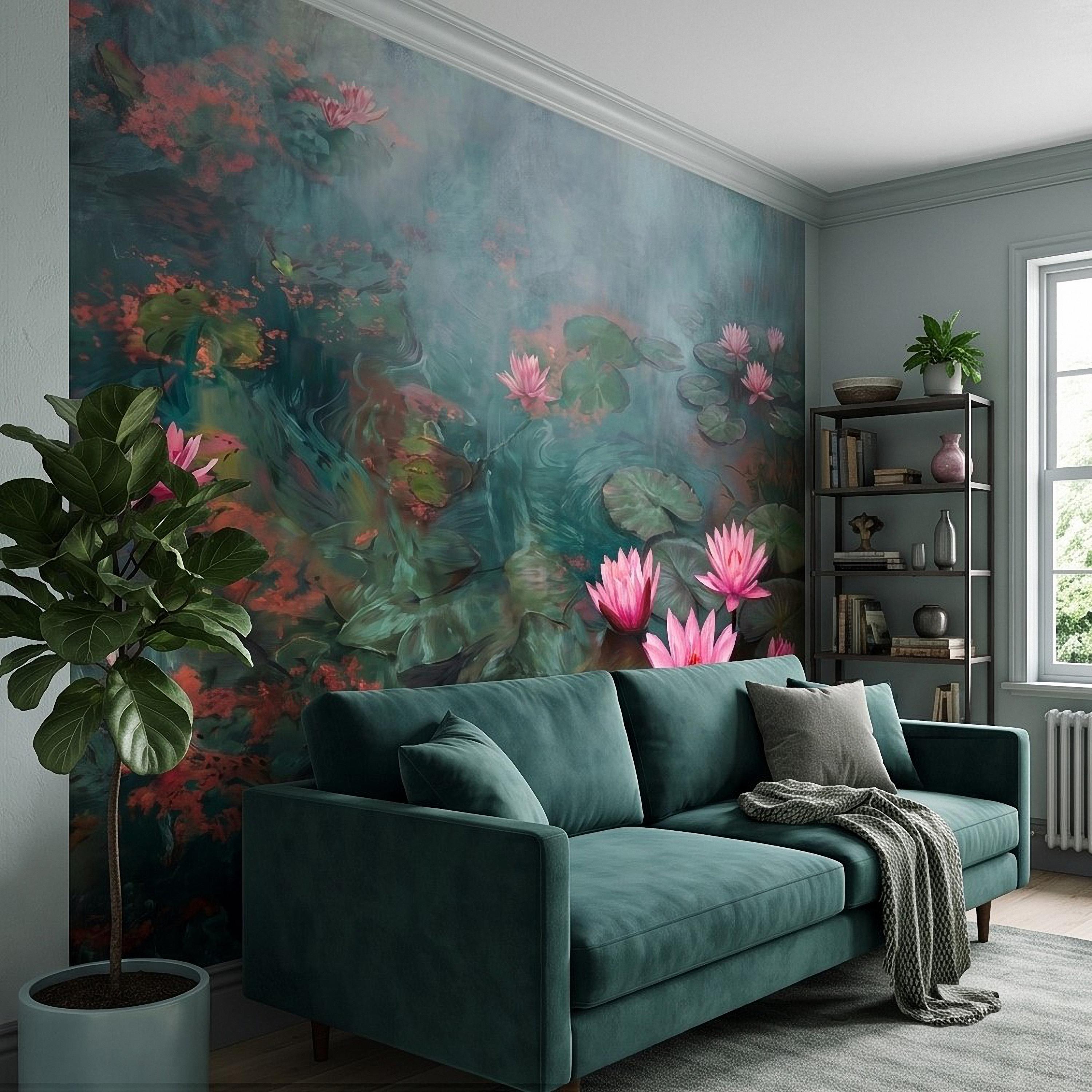 Pink Water Lily Peel and Stick Wall Mural, Blooming Lily Pad Pond, Misty Botanical Waterscape Nature Wallpaper