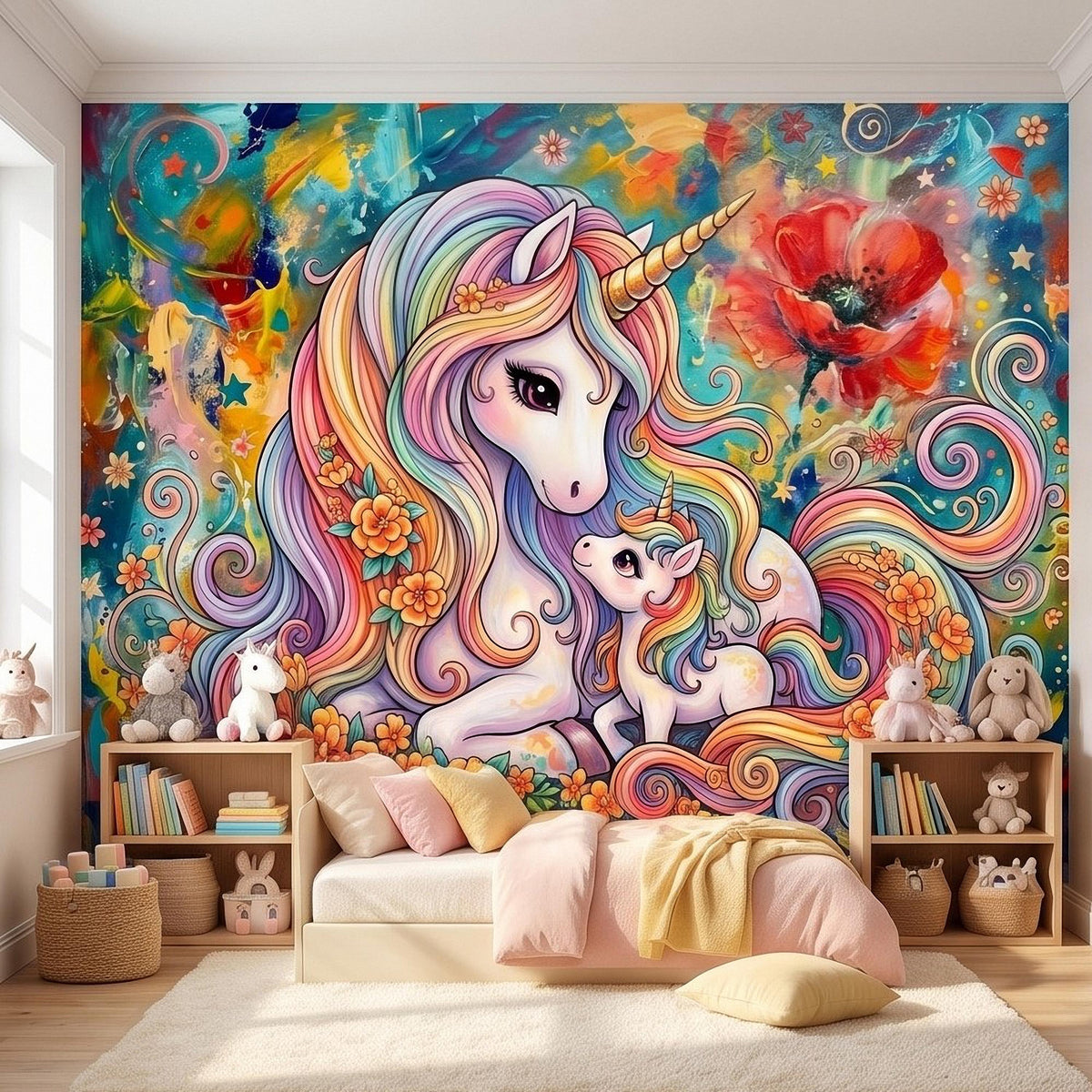 Kids unicorn mural with rainbow maned main unicorn, baby unicorn, swirling ribbons, and flowers
