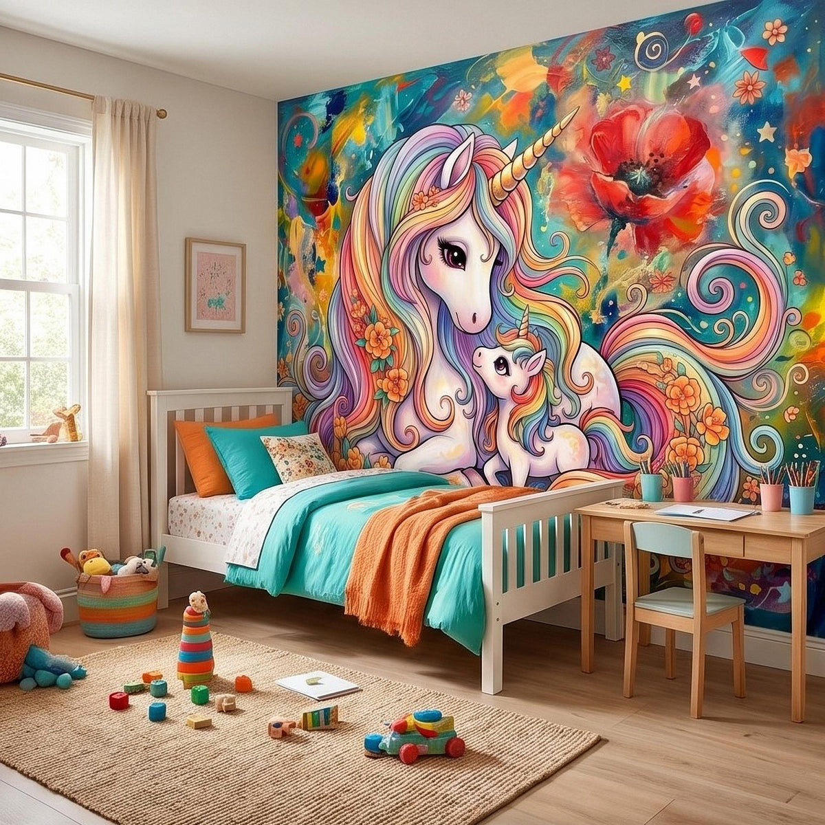 Rainbow unicorn wall mural with small unicorn, colorful floral swirls, and a red flower near top