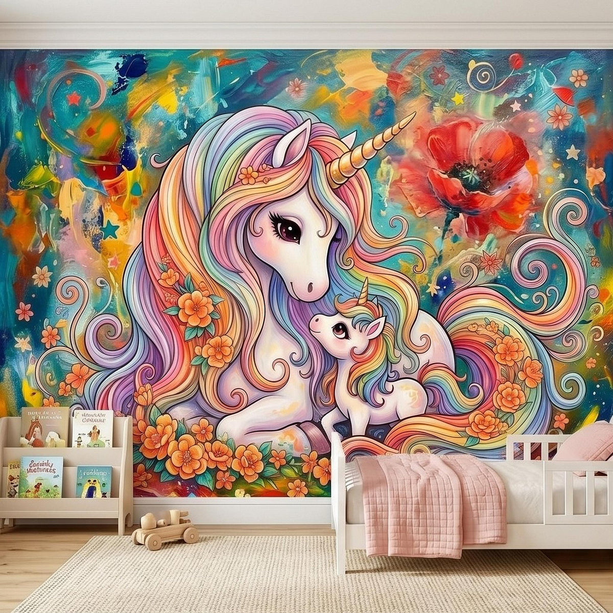 Colorful kids wall mural featuring a unicorn with rainbow mane, swirls, flowers, and a red poppy